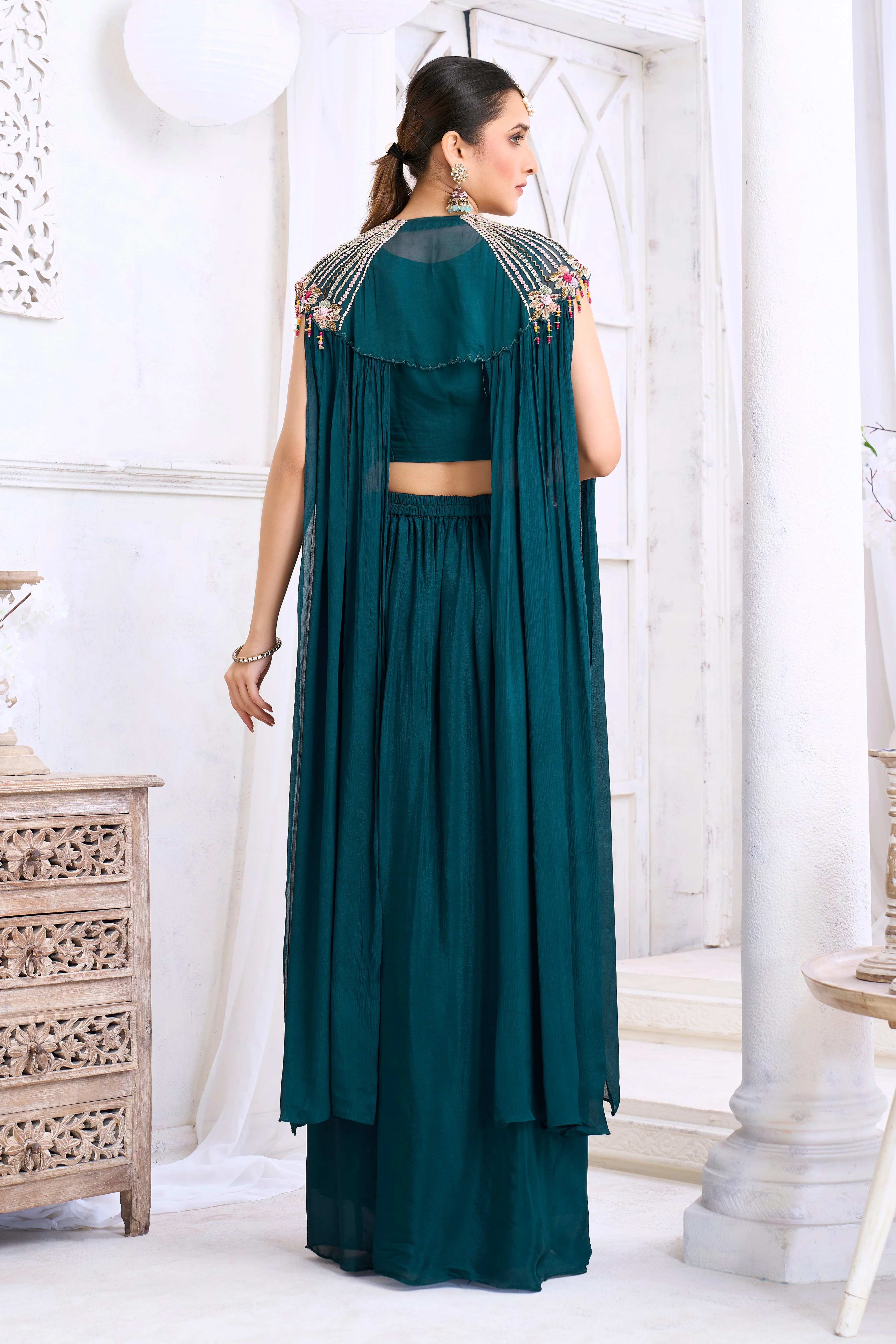 Deep Teal Embellished Chinon Silk Cape Set - Image 4