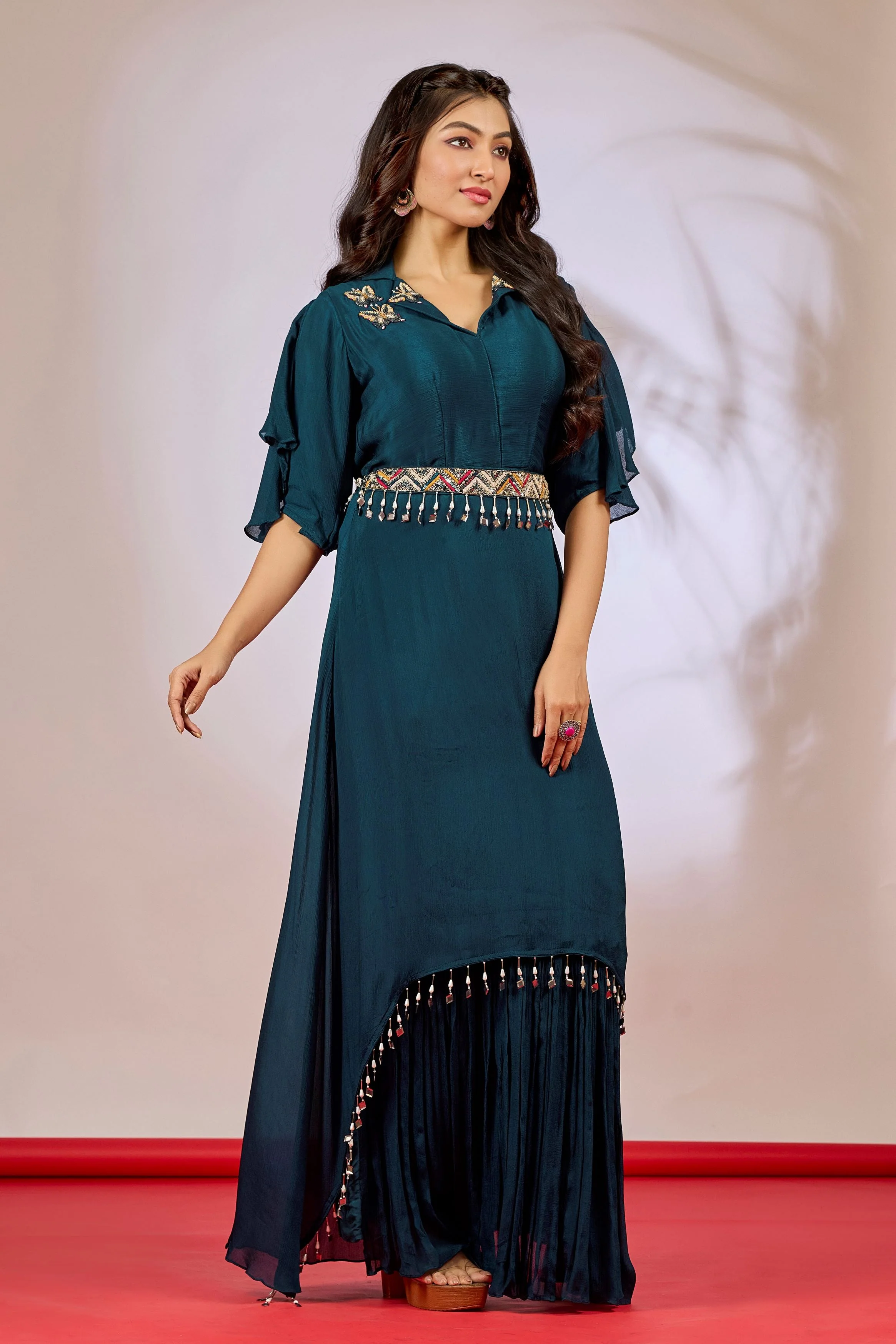 Teal Embellished Chinon Silk Gown - Image 3