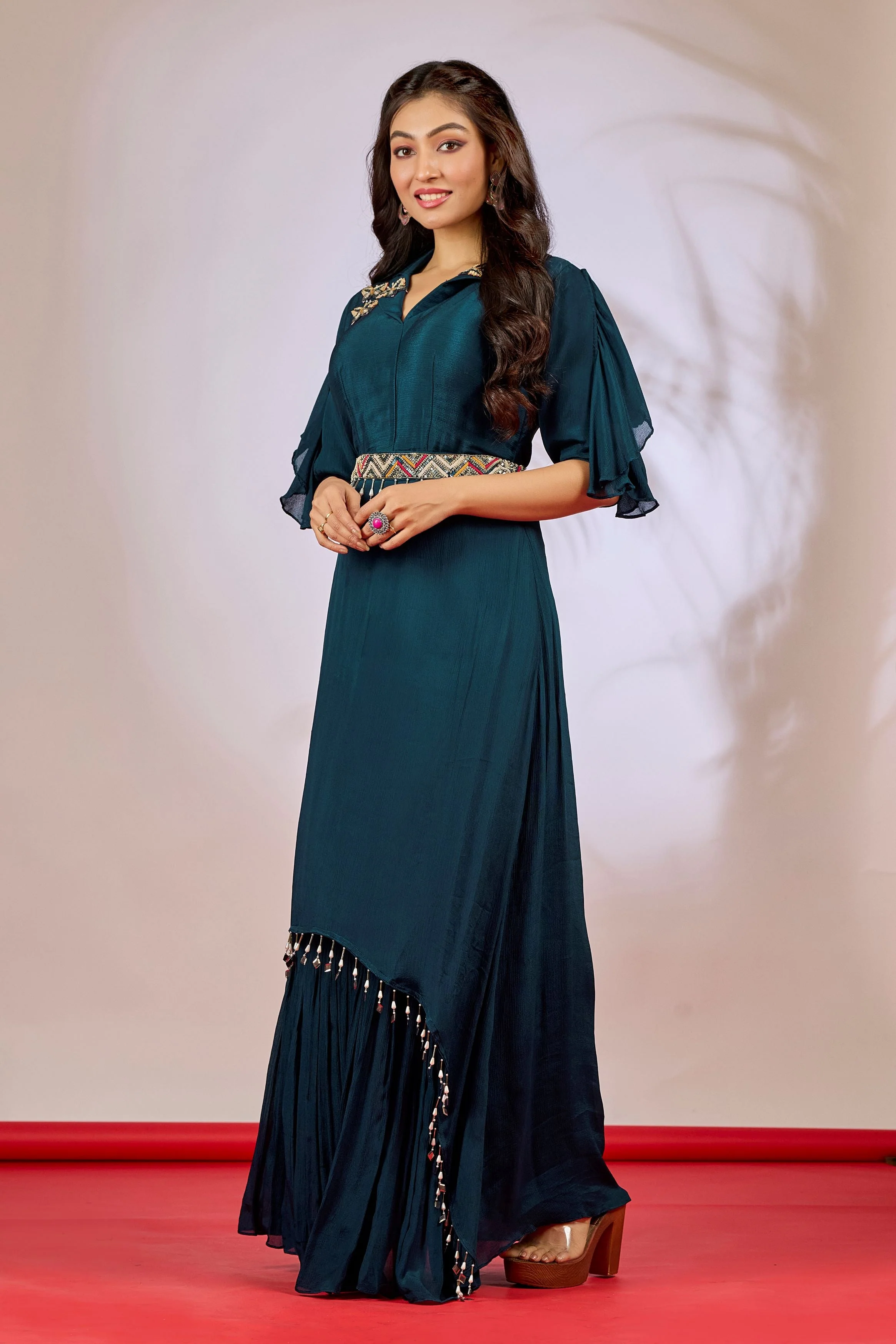 Teal Embellished Chinon Silk Gown - Image 4