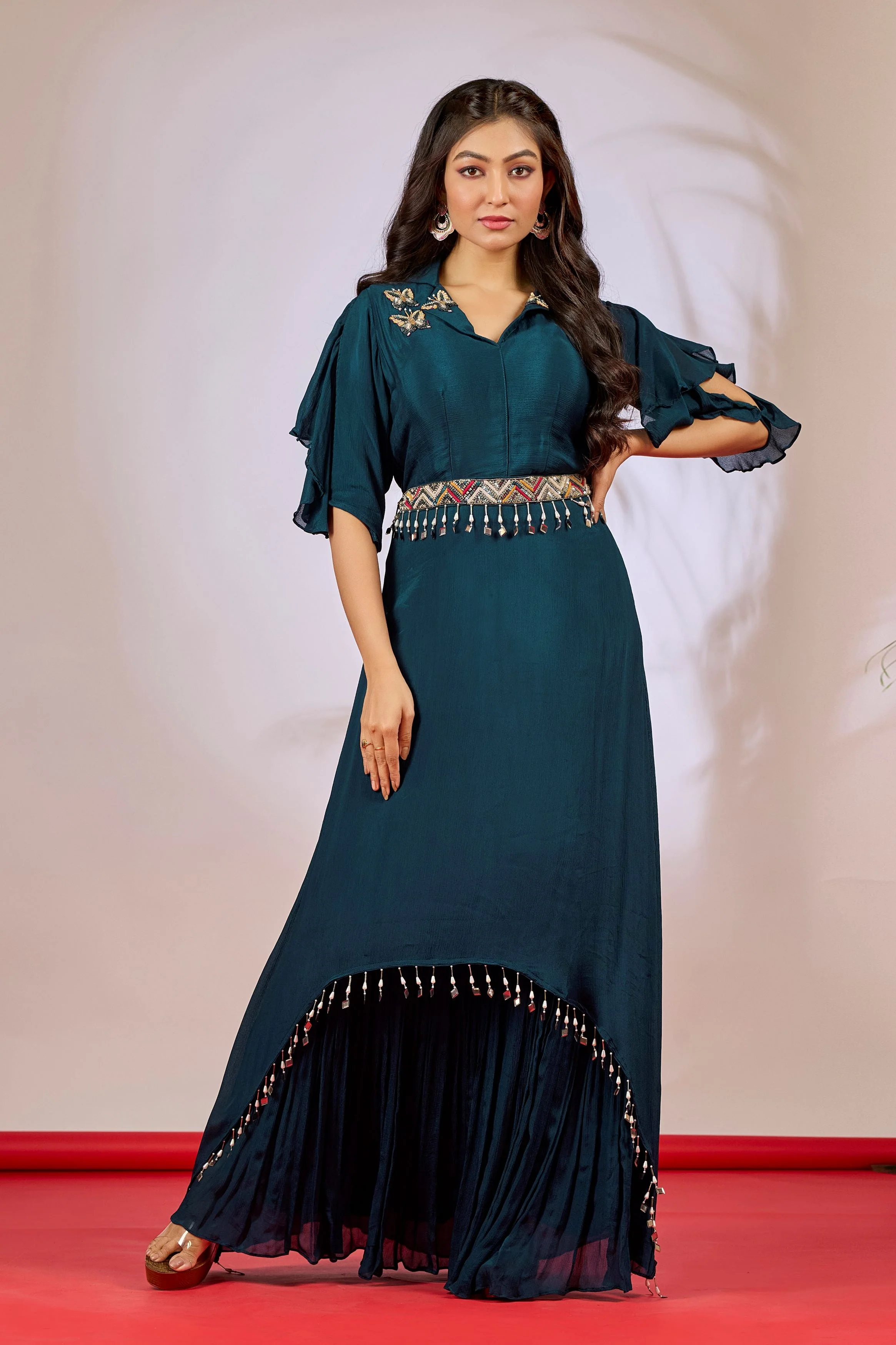 Teal Embellished Chinon Silk Gown - Image 5