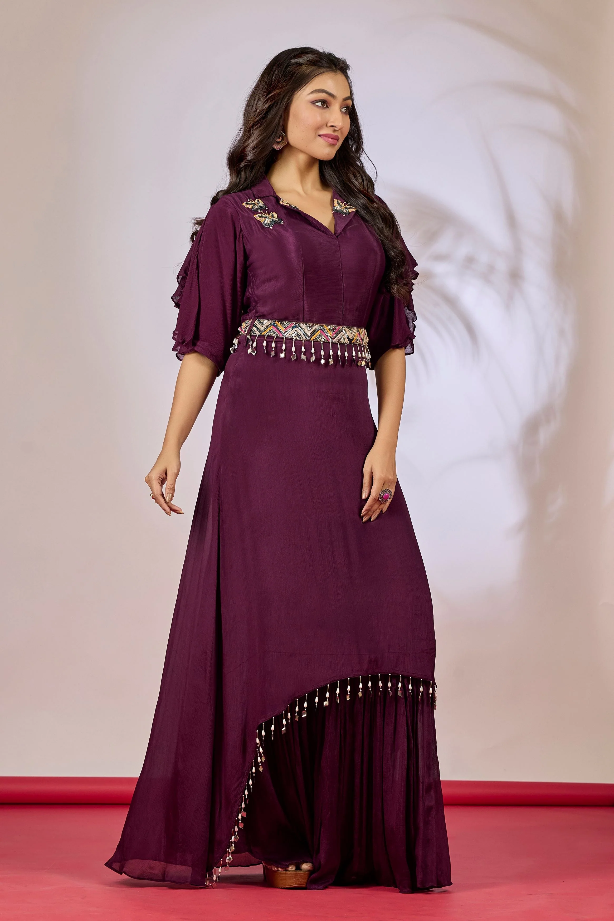 Wine Embellished Chinon Silk Gown - Image 3