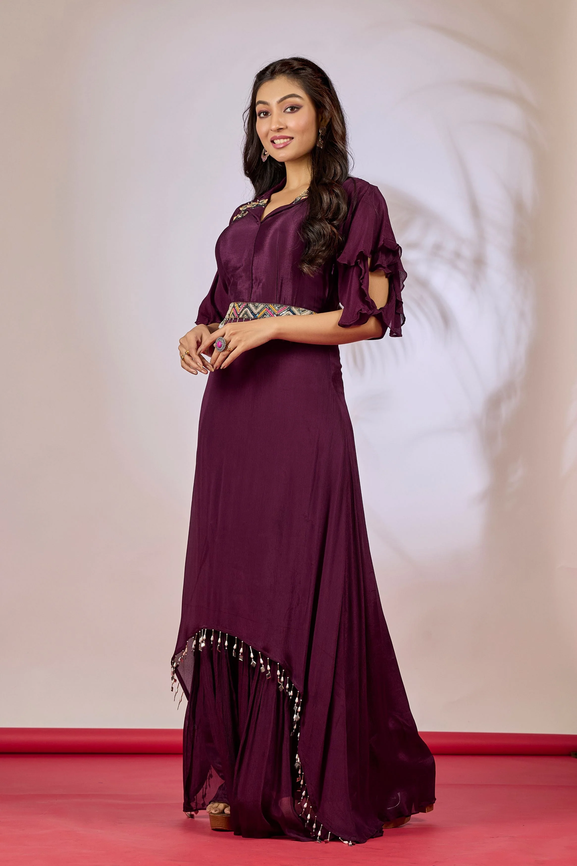 Wine Embellished Chinon Silk Gown - Image 4