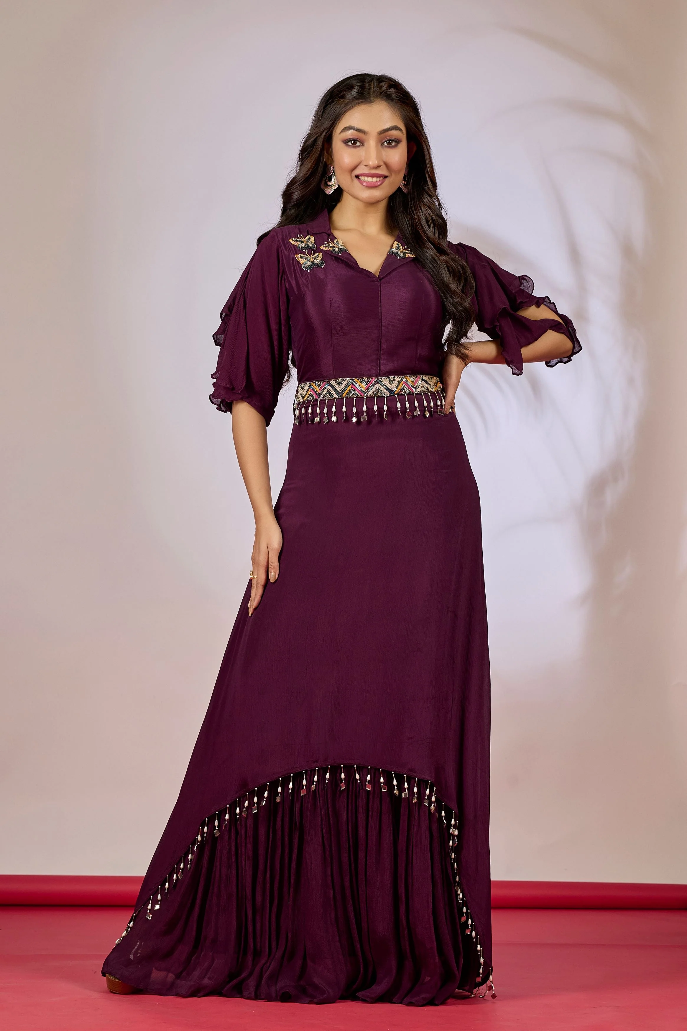 Wine Embellished Chinon Silk Gown - Image 5
