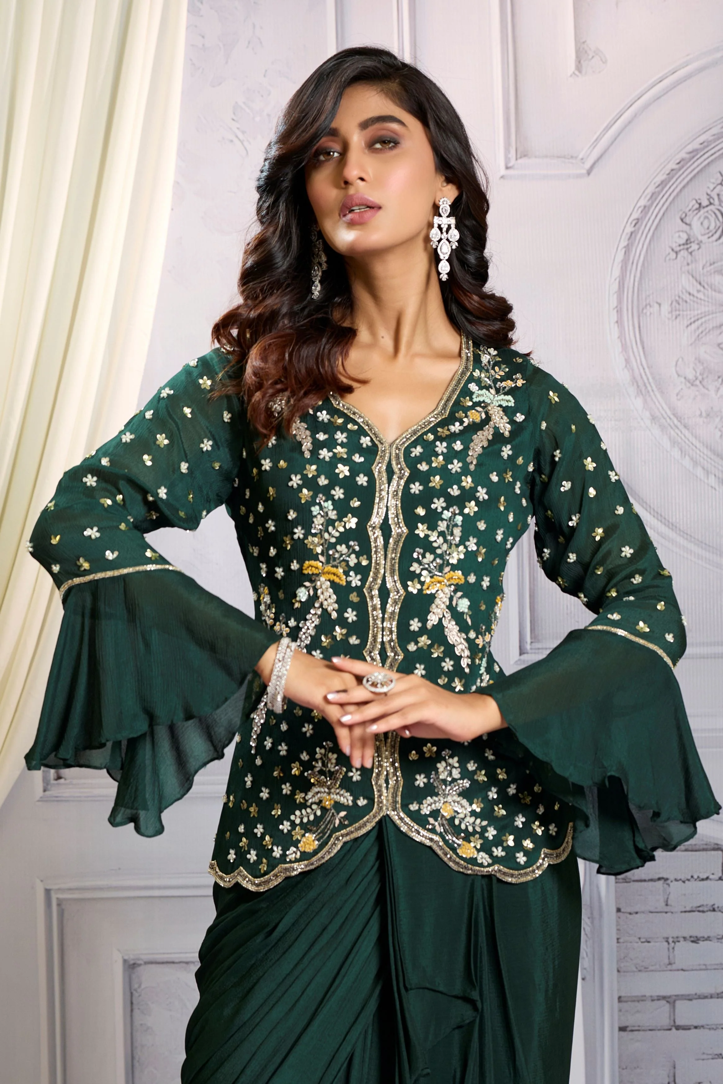 Bottle Green Embellished Chinon Silk Skirt Set - Image 2