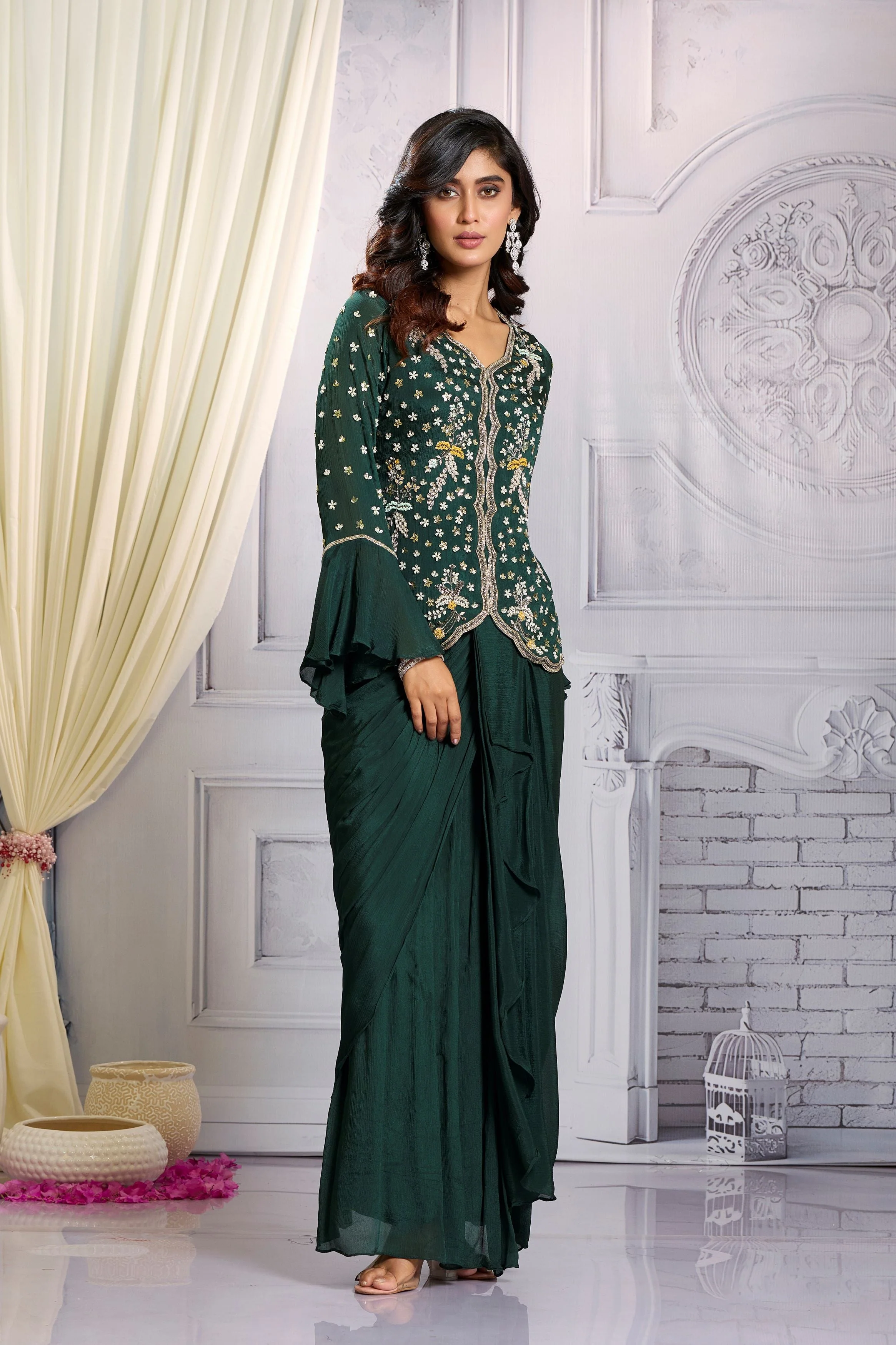 Bottle Green Embellished Chinon Silk Skirt Set - Image 4