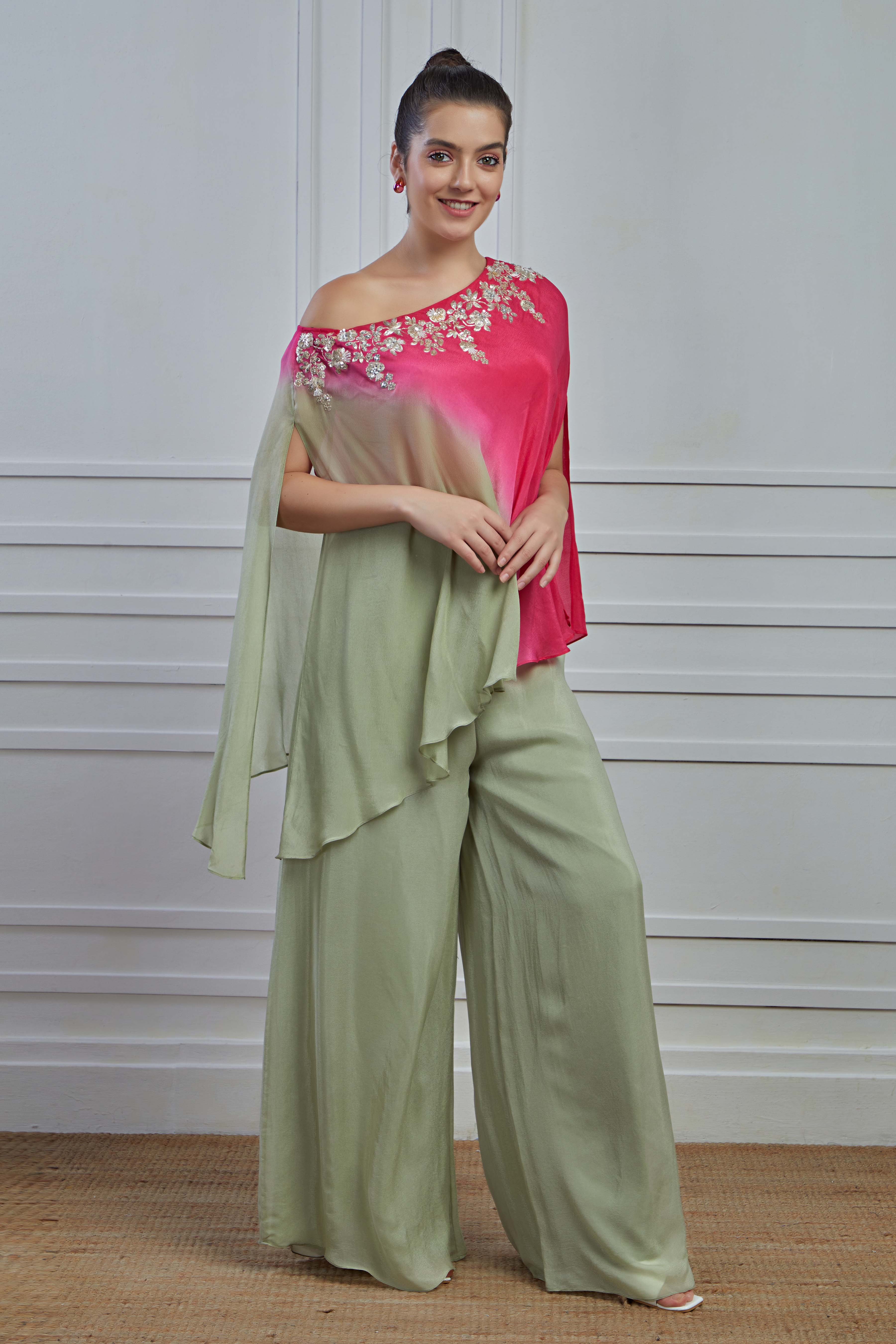 Sage Green Embellished Crepe Silk Tunic Palazzo Set - Image 3