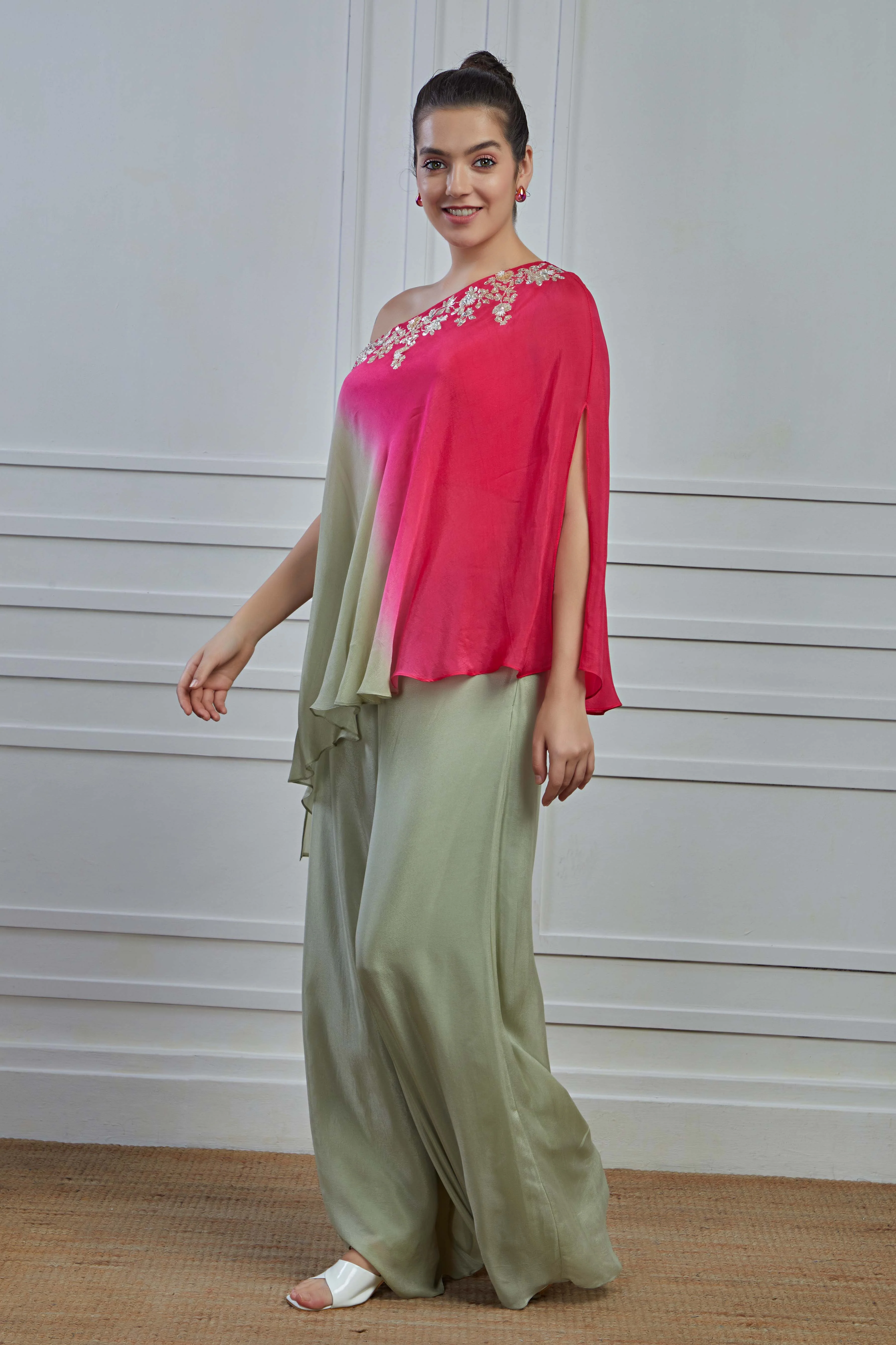 Sage Green Embellished Crepe Silk Tunic Palazzo Set - Image 4