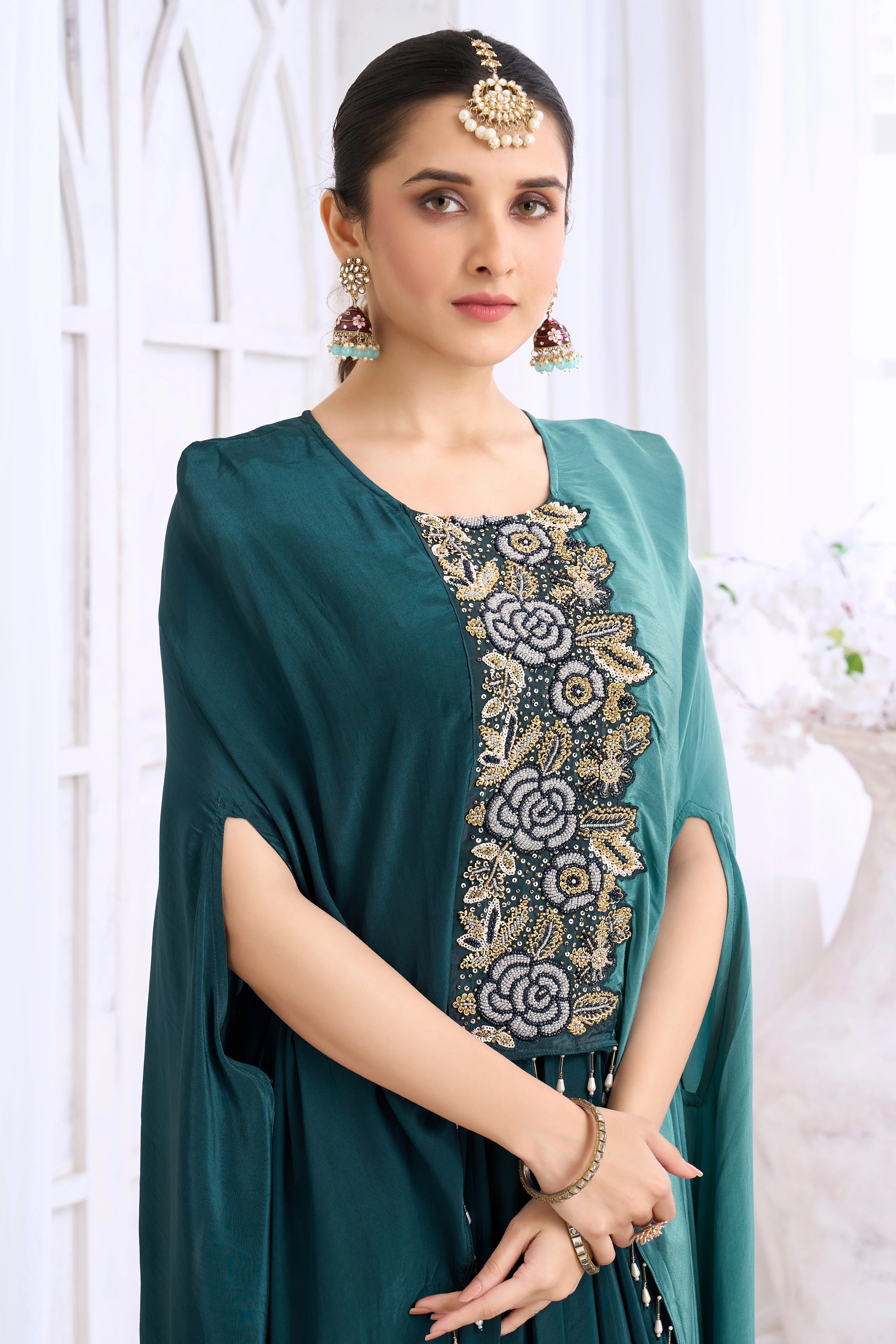 Teal Embellished Crepe Silk Kaftan Set - Image 2