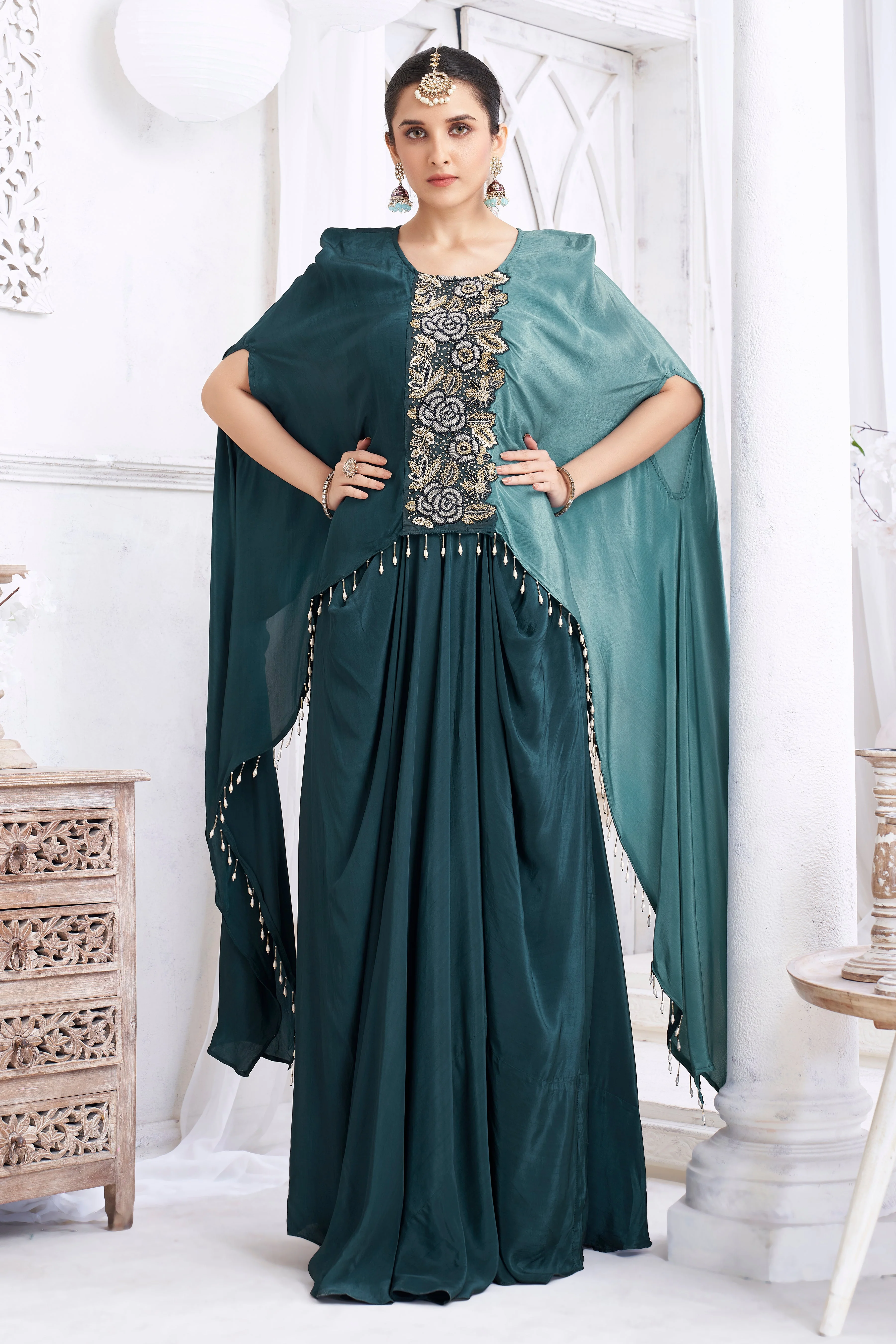 Teal Embellished Crepe Silk Kaftan Set - Image 3
