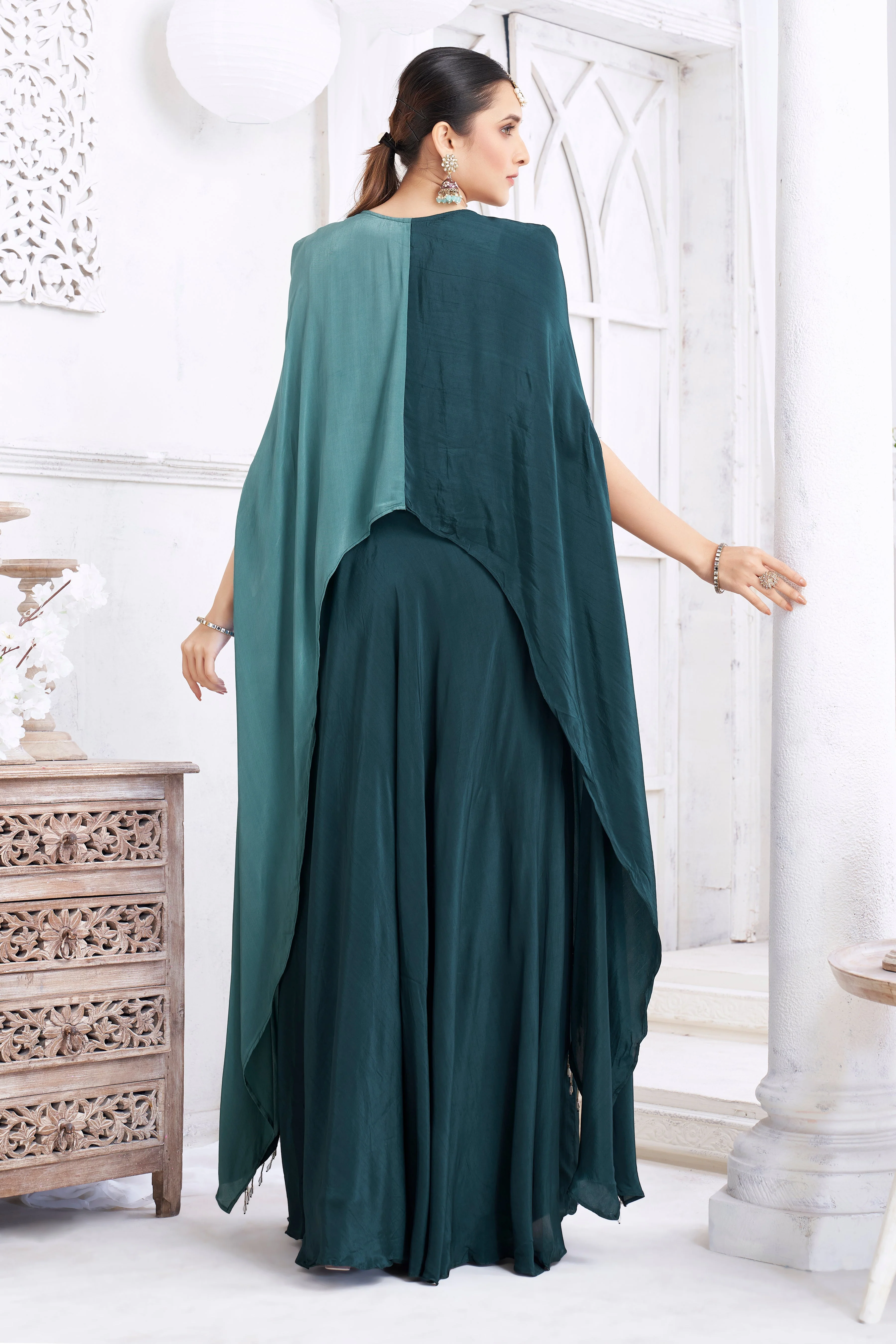 Teal Embellished Crepe Silk Kaftan Set - Image 4