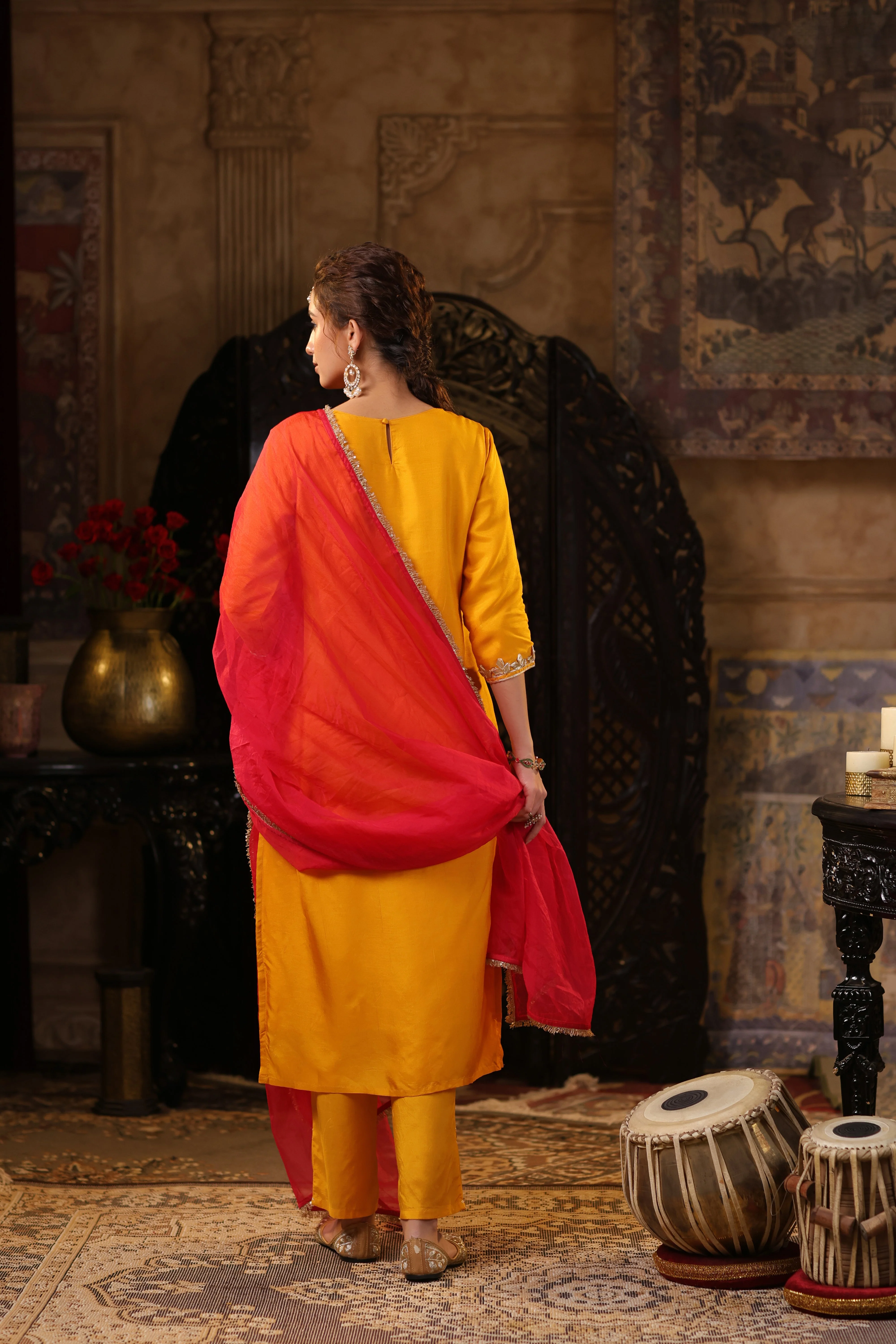 Festive Yellow Embellished Raw Silk Kurta Set - Image 3