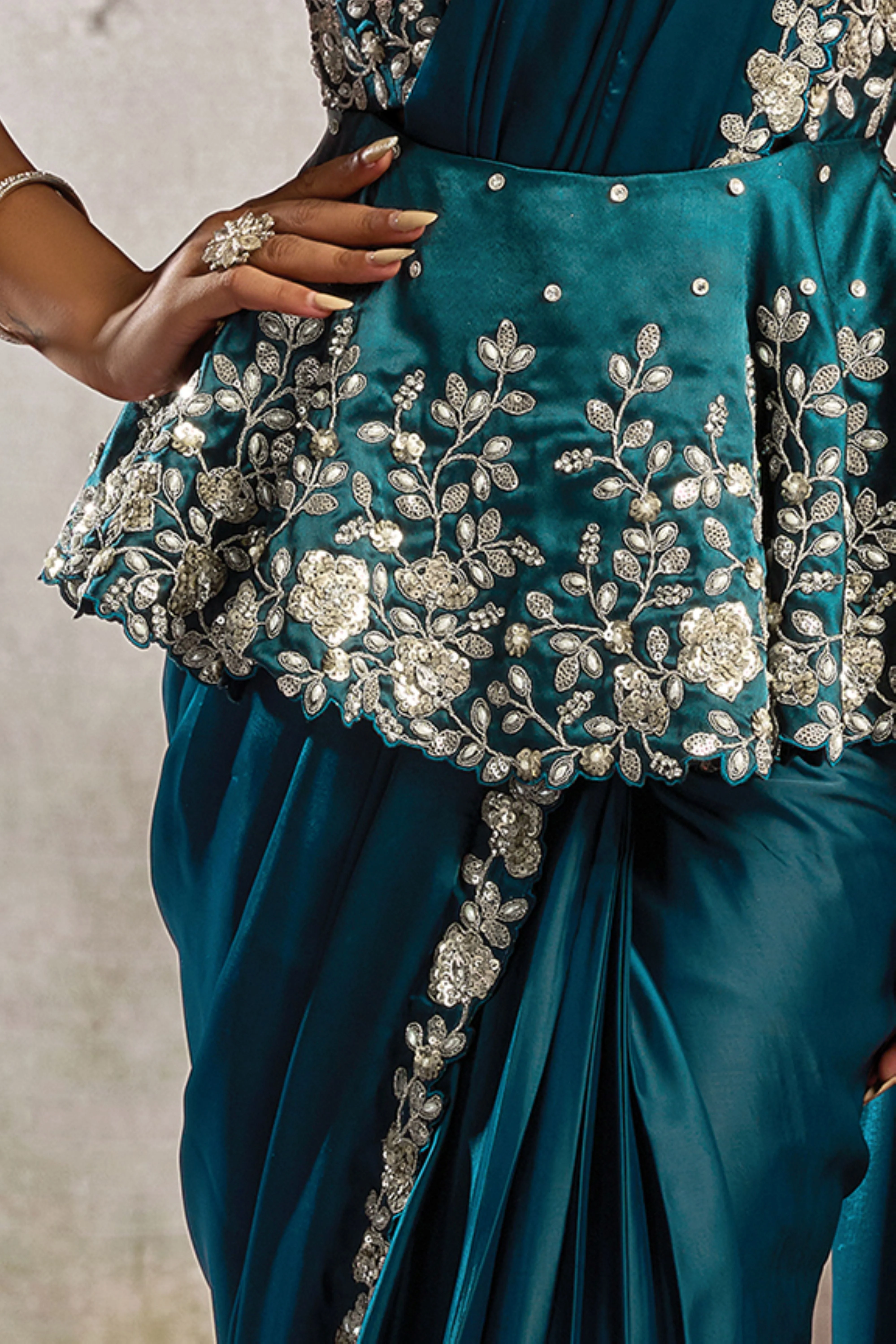 Teal Embellished Satin Silk Draped Saree - Image 3