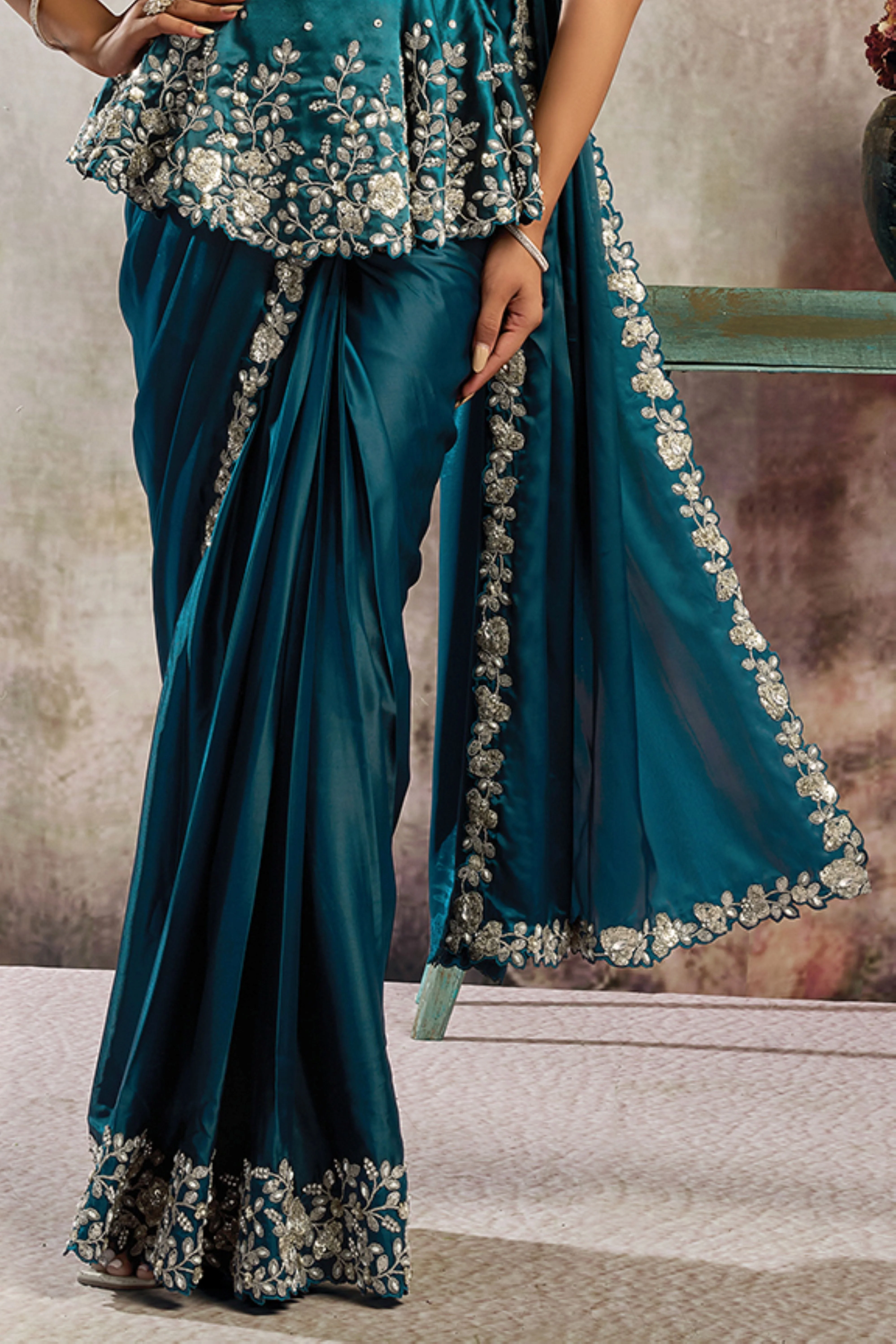 Teal Embellished Satin Silk Draped Saree - Image 4