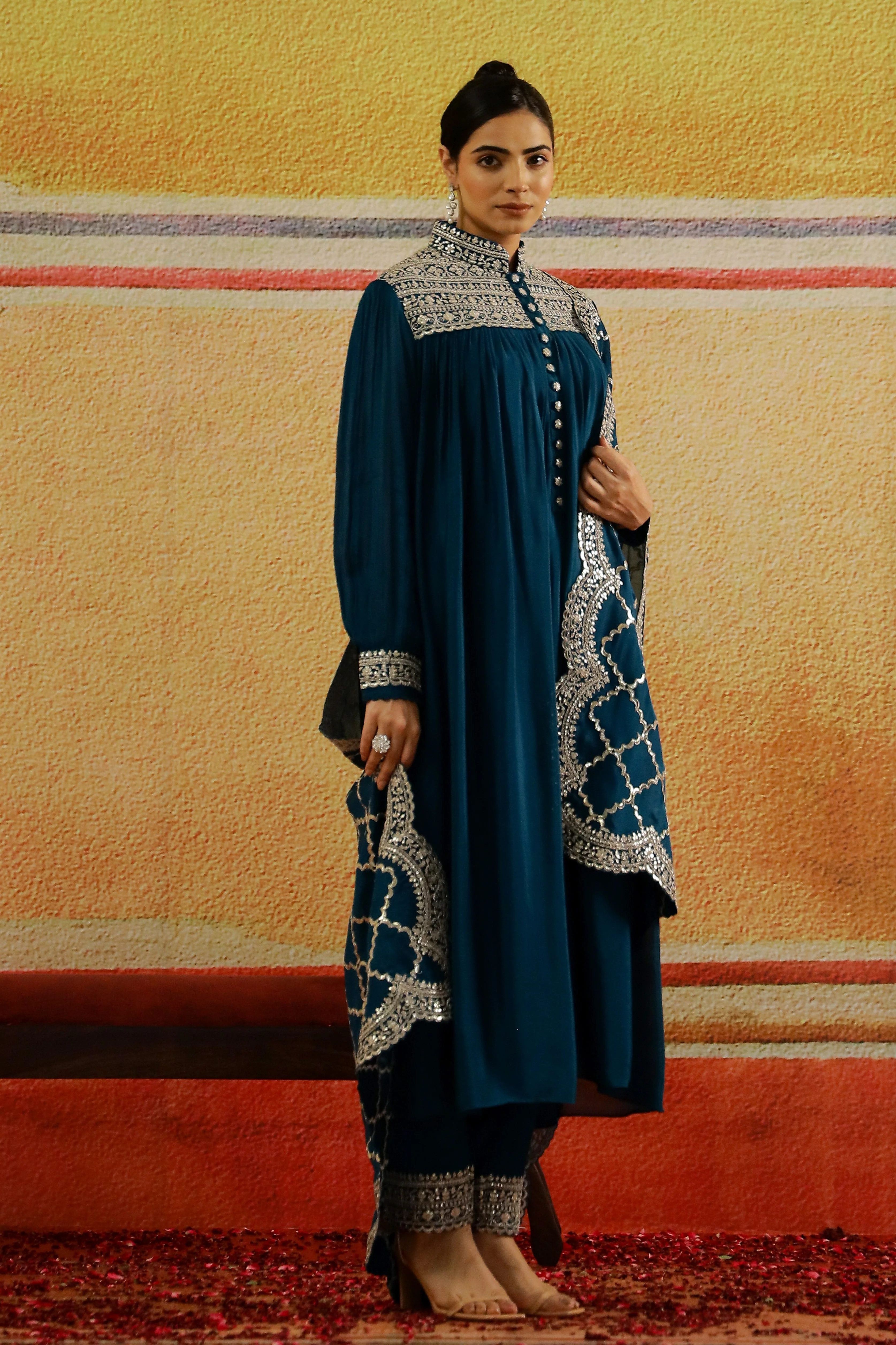 Teal Embellished Spanish Silk Pants Set - Image 3