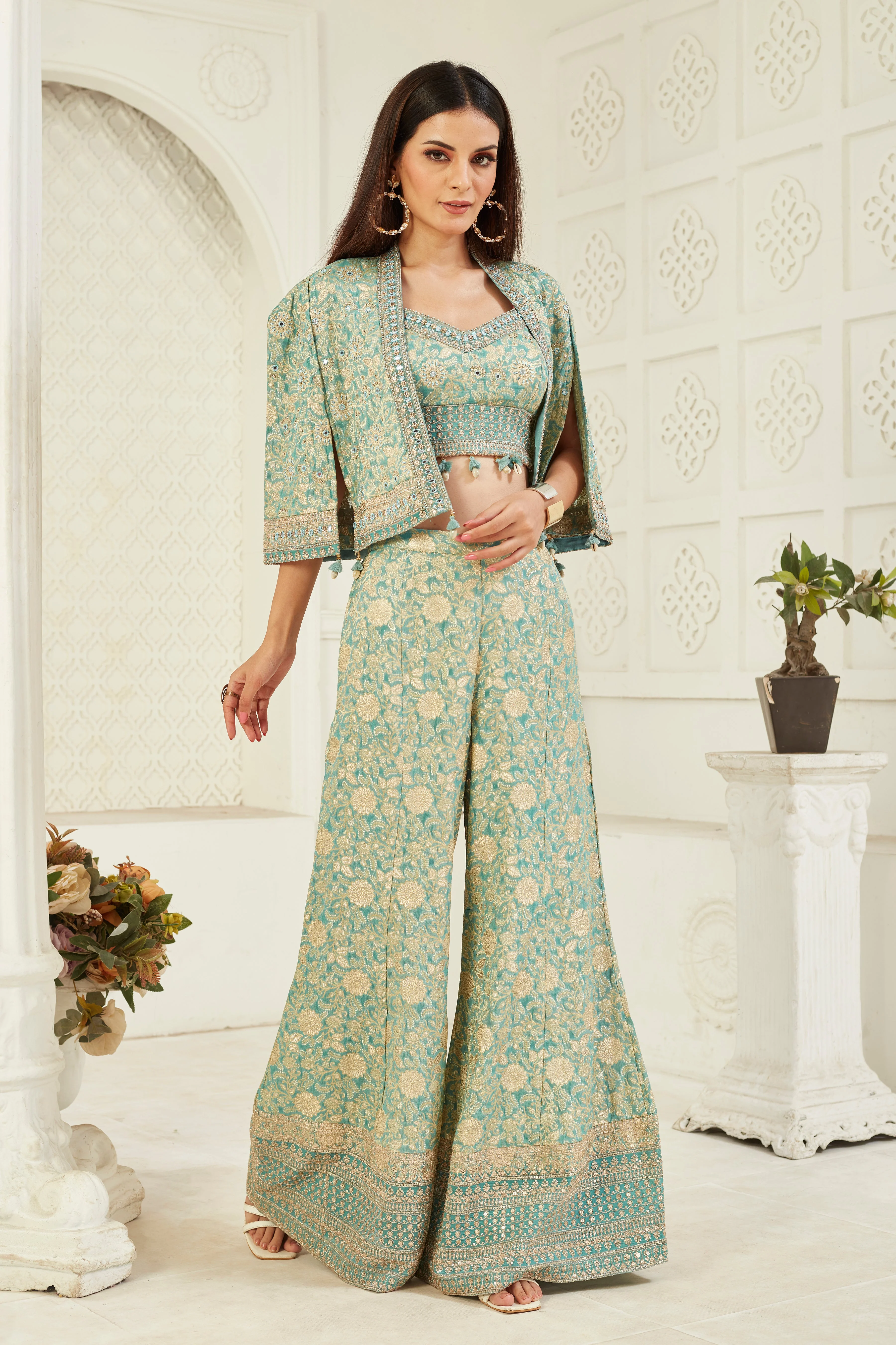 Teal Embroidered Crepe Silk Cape Set - Image 2