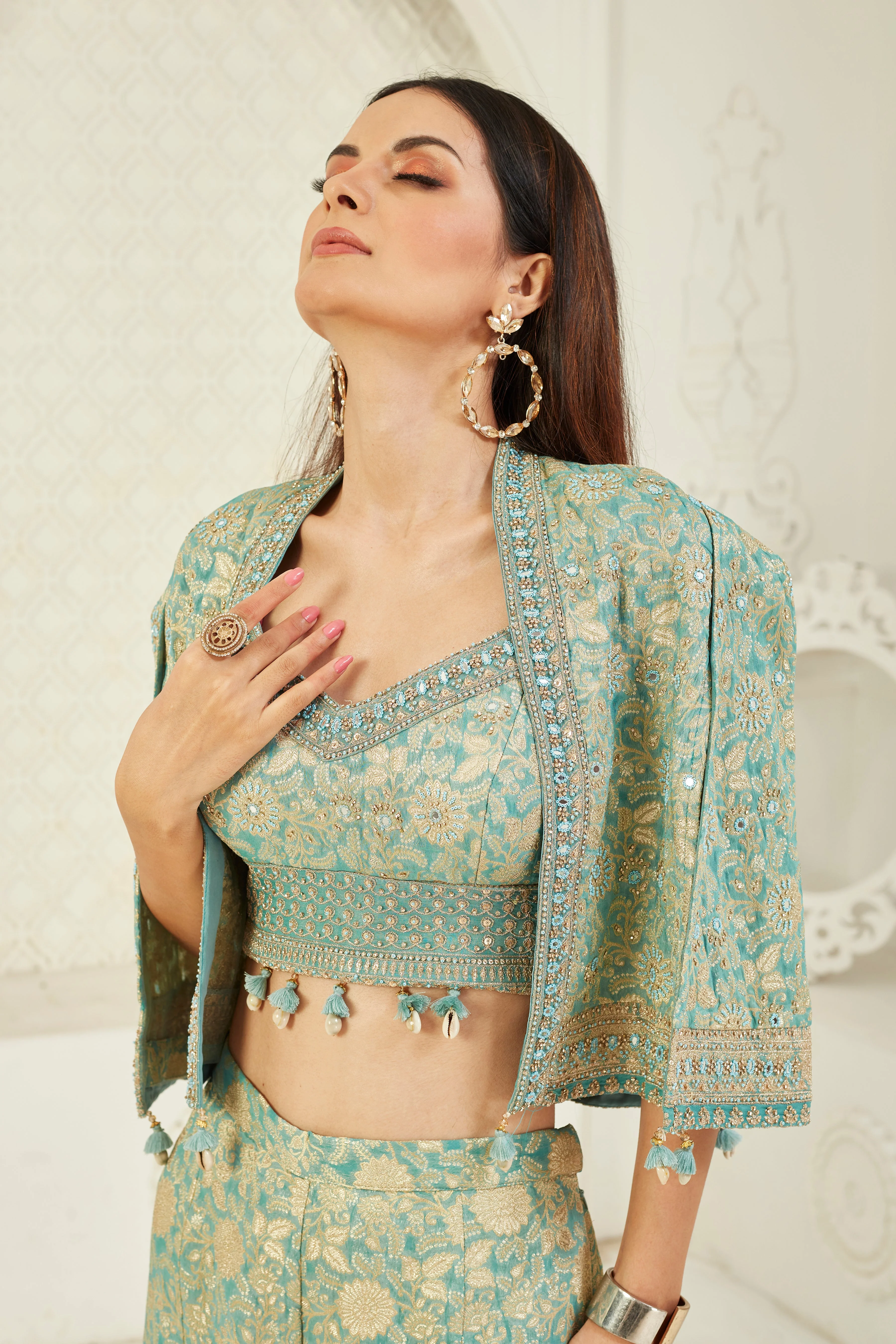 Teal Embroidered Crepe Silk Cape Set - Image 3