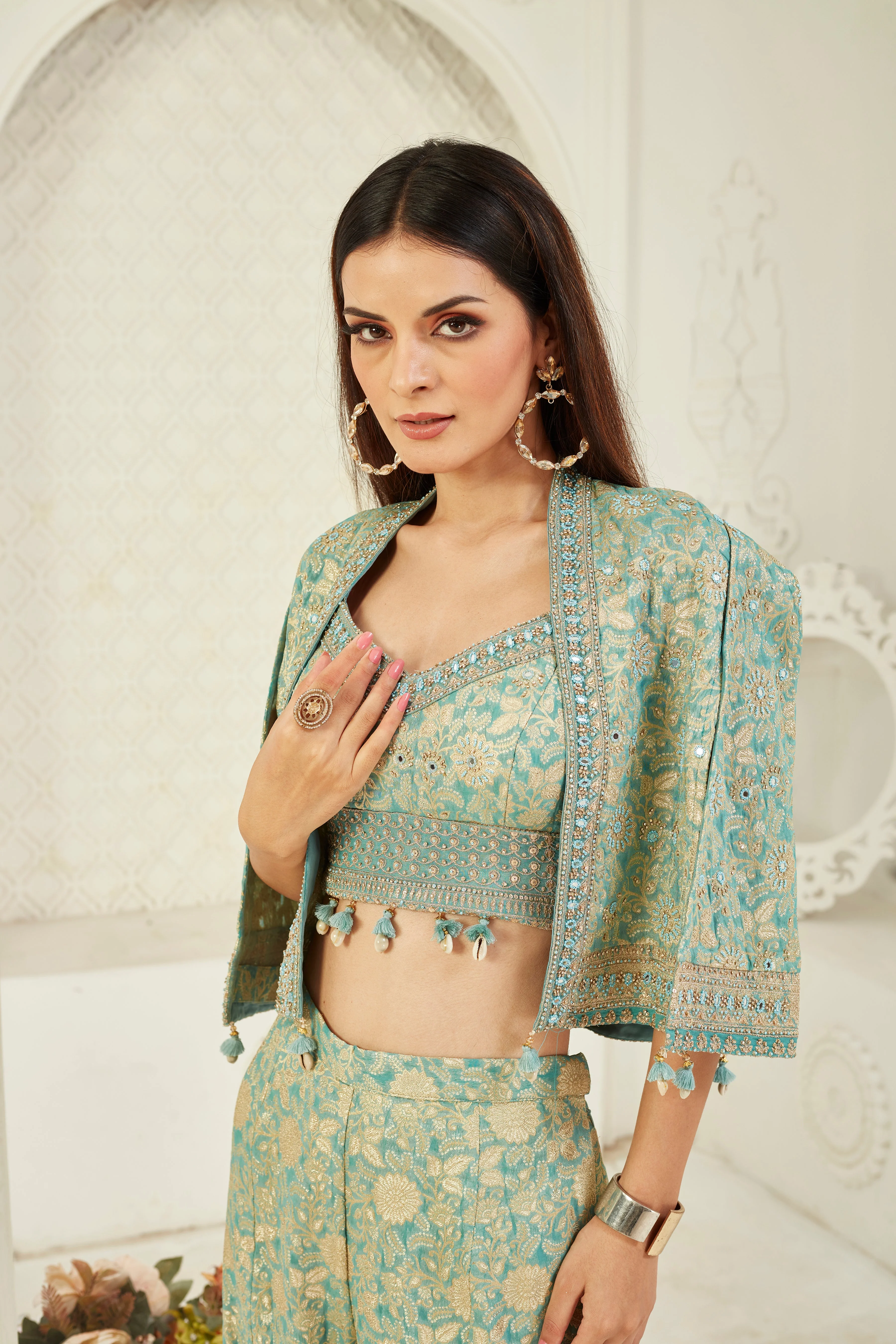 Teal Embroidered Crepe Silk Cape Set - Image 4