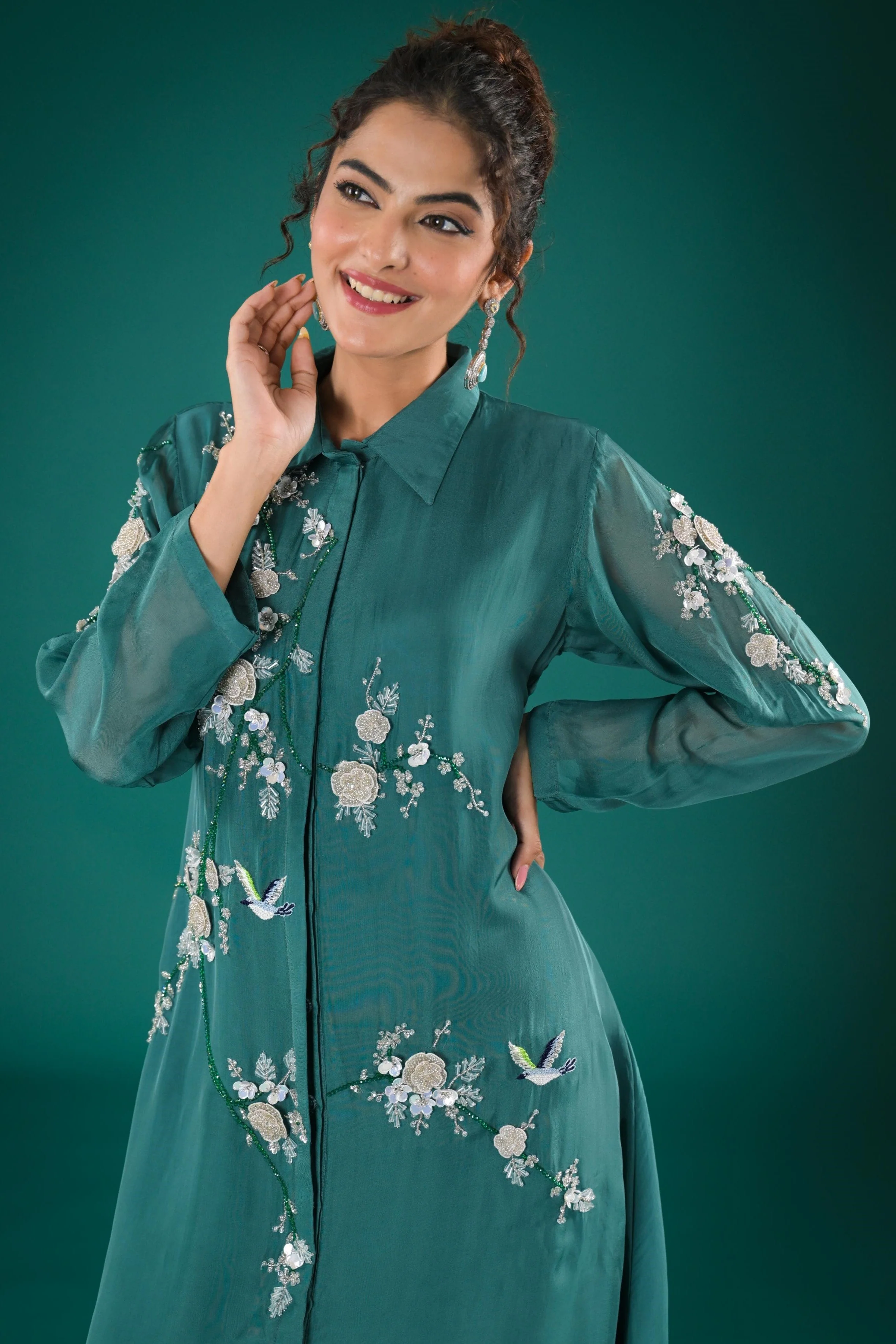 Teal Embroidered Organza Silk Co-Ord Set - Image 2