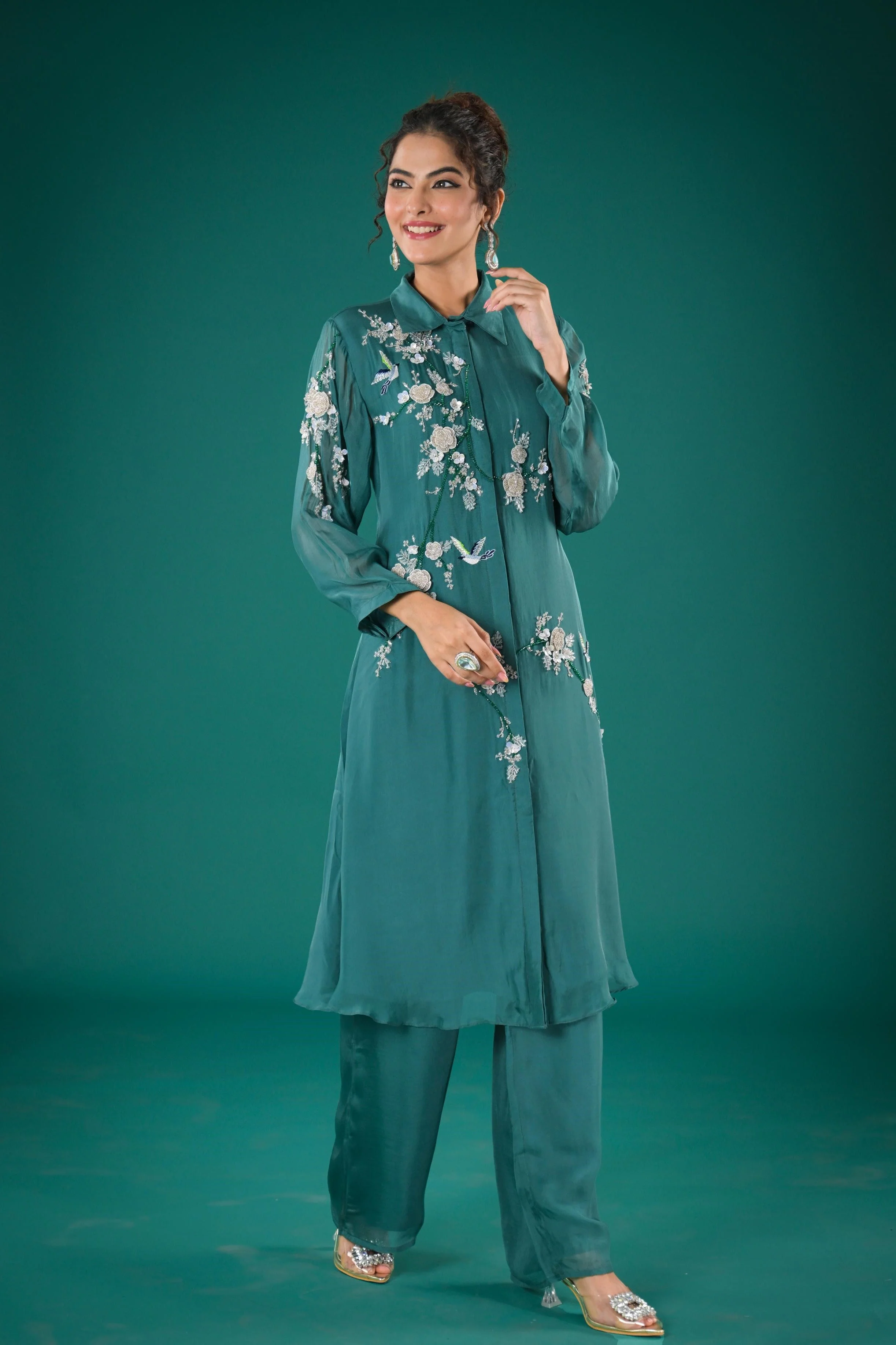Teal Embroidered Organza Silk Co-Ord Set - Image 3