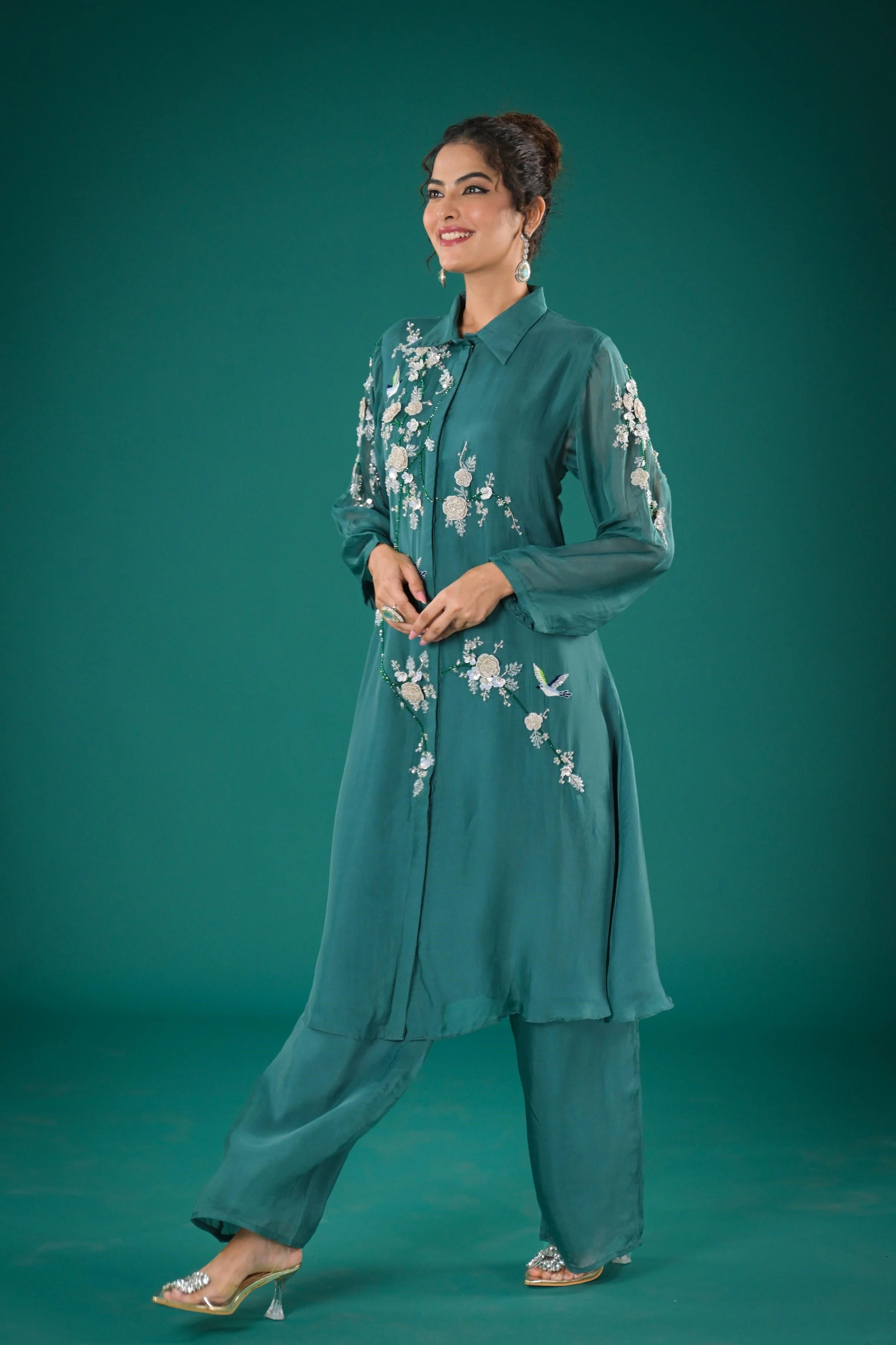 Teal Embroidered Organza Silk Co-Ord Set - Image 4