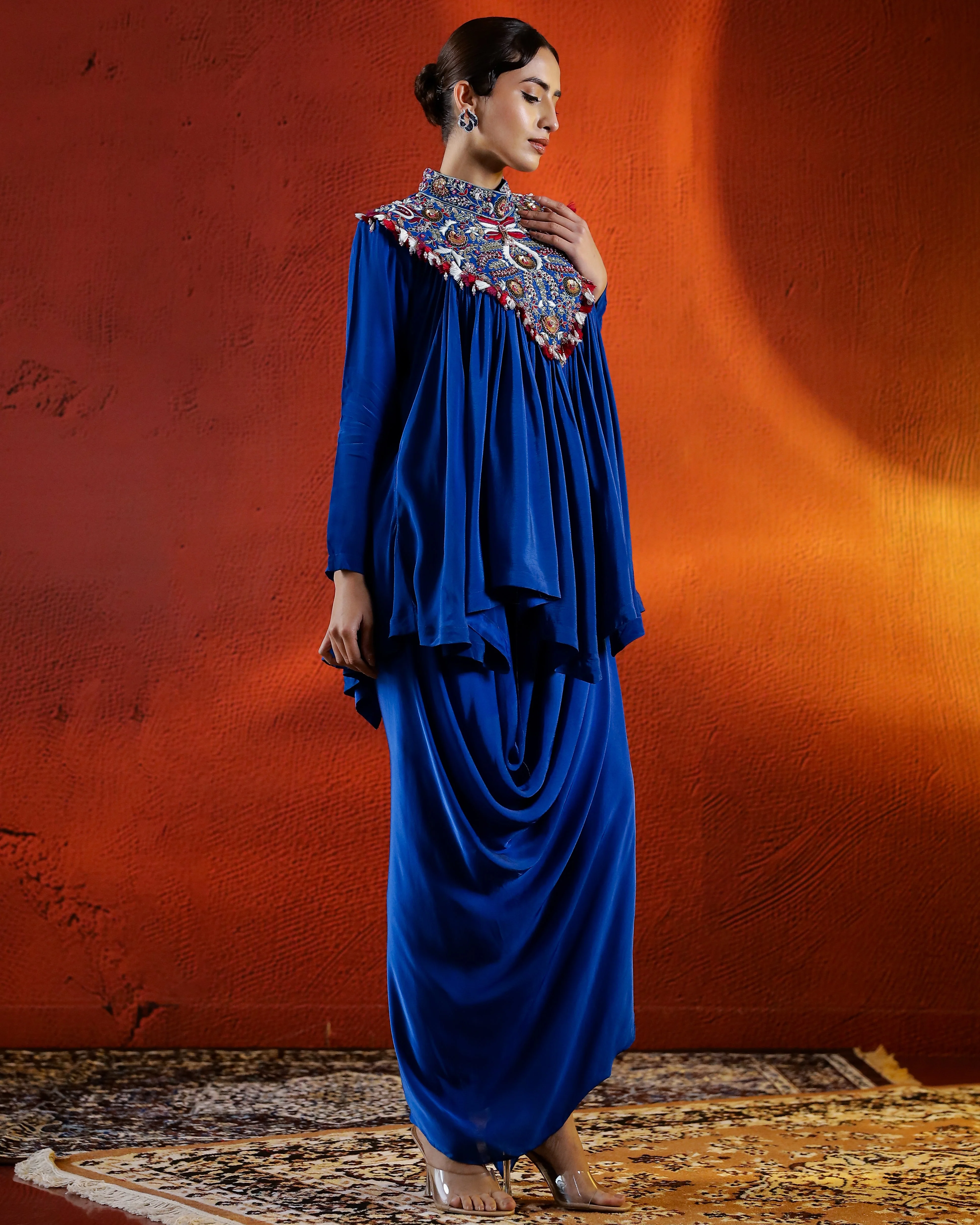 Premium Blue Embroidered Raw Silk Skirt Set - Image 3