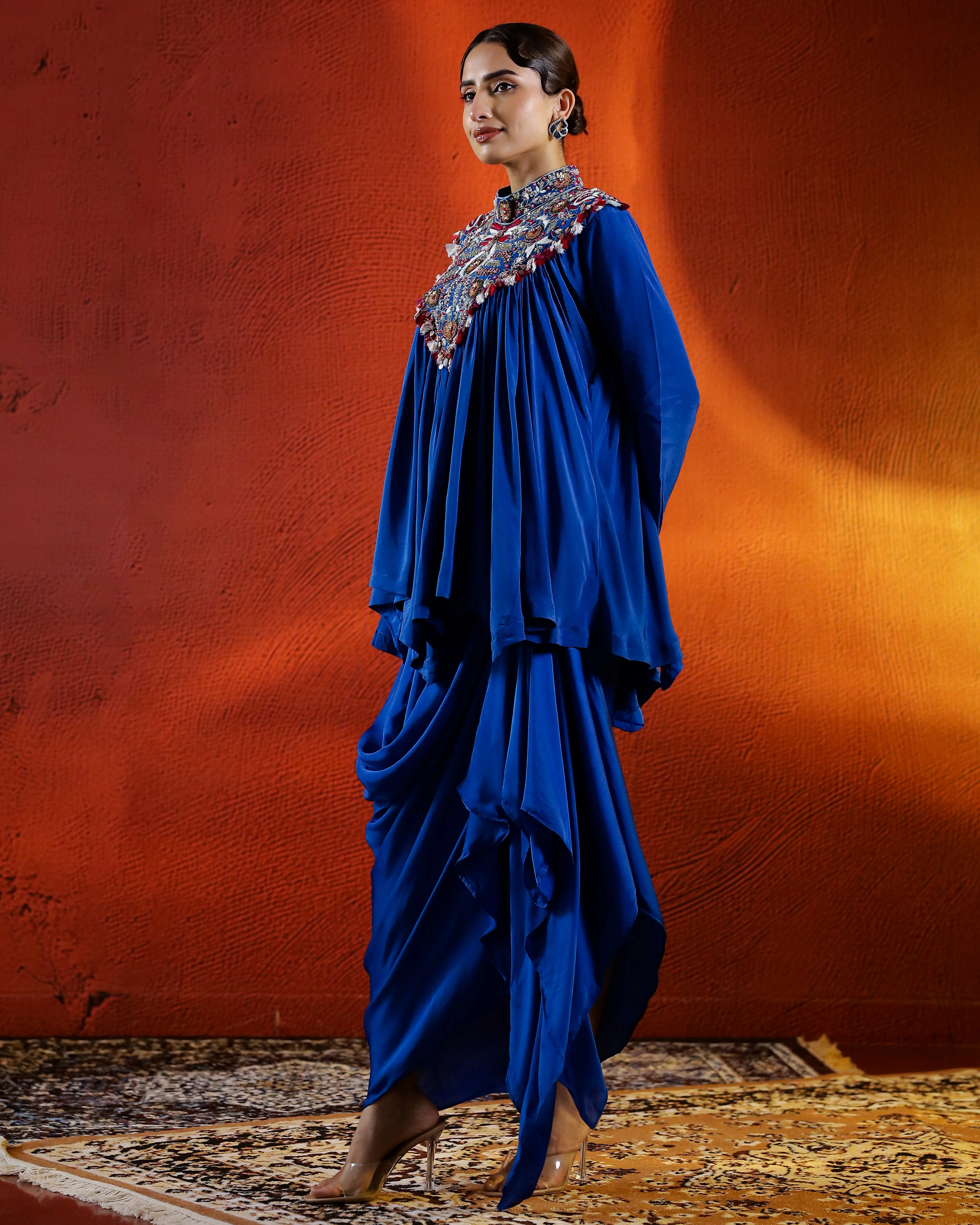 Premium Blue Embroidered Raw Silk Skirt Set - Image 4