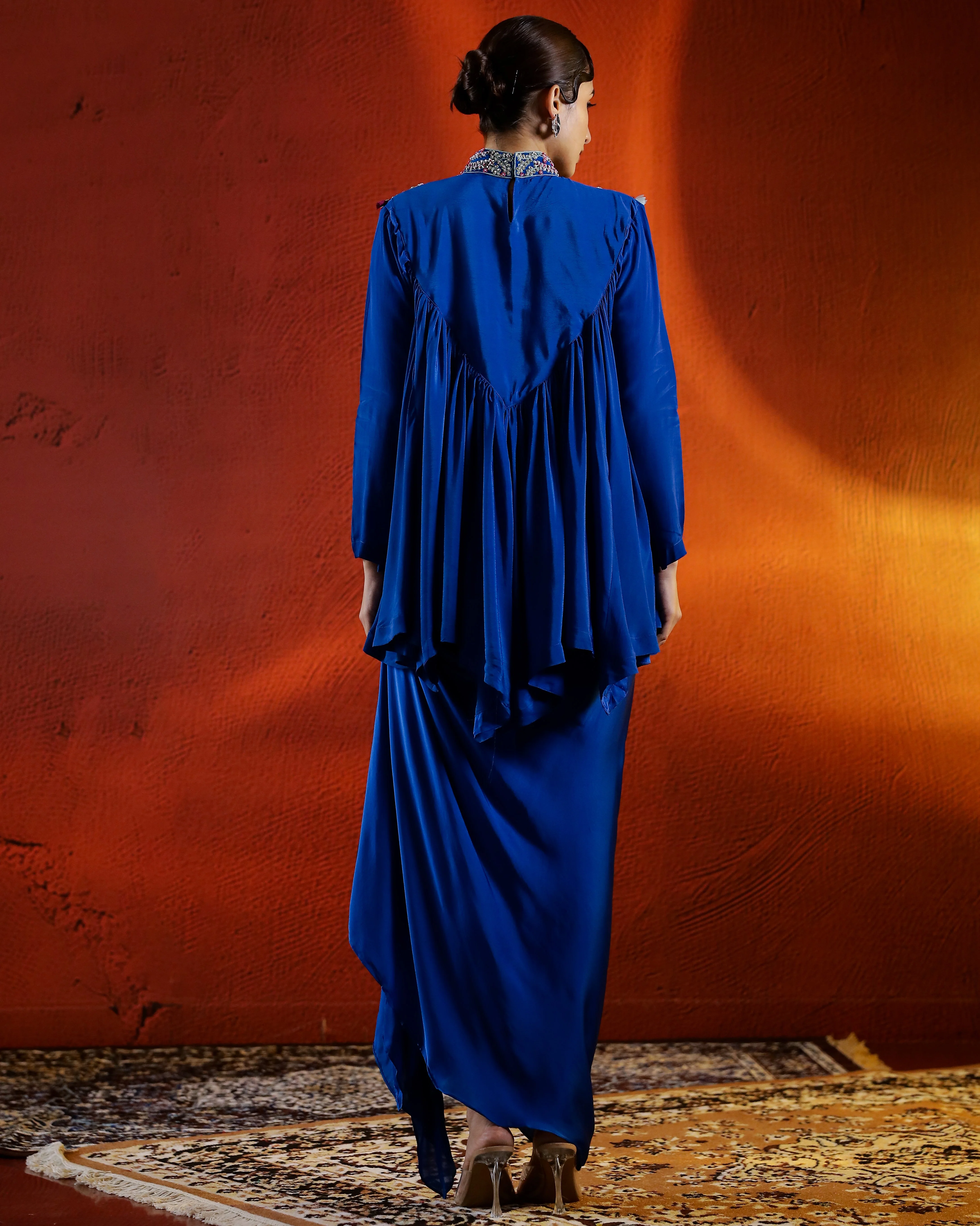 Premium Blue Embroidered Raw Silk Skirt Set - Image 5