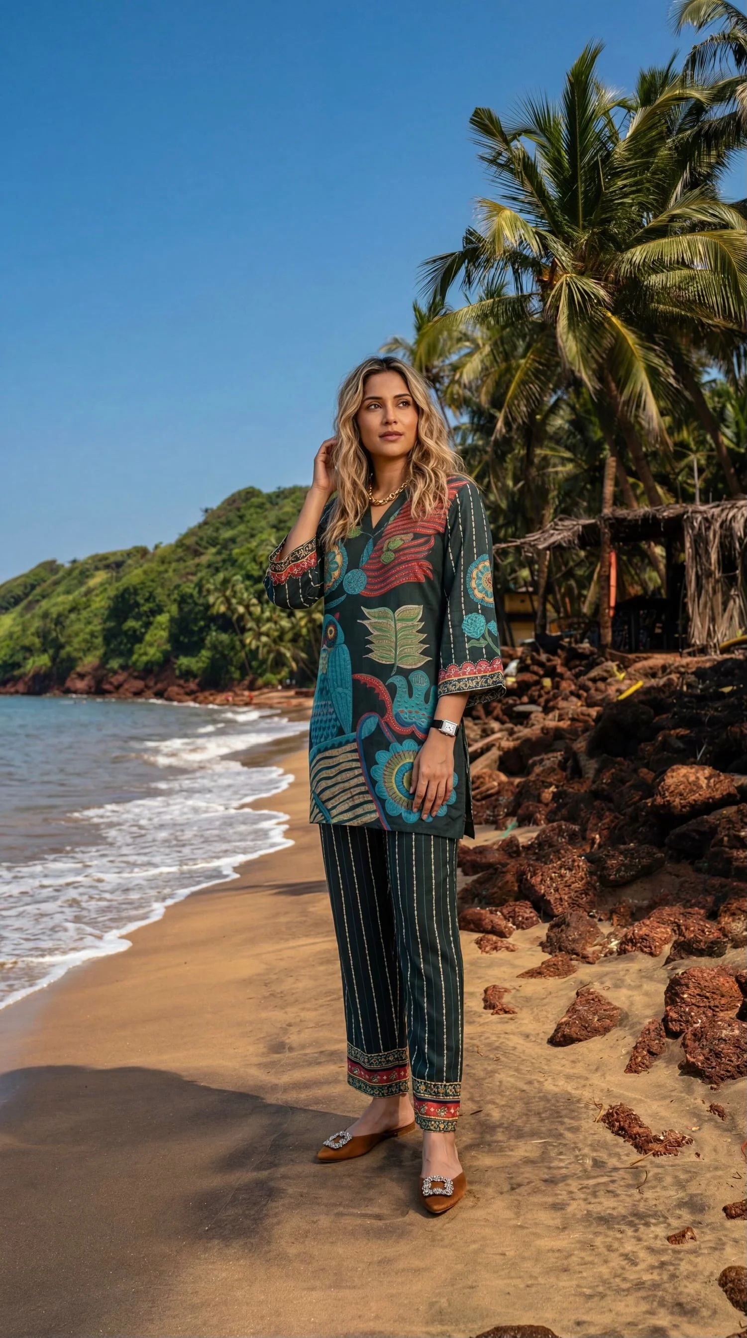 Teal Folk Art Printed Satin Silk Co-ord Set
