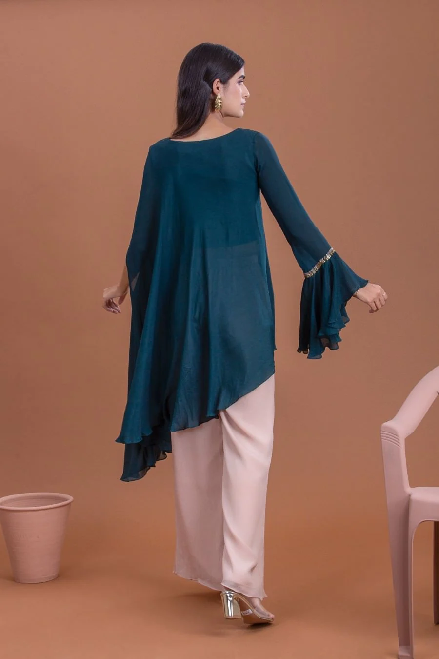 Teal Georgette Embellished Flared Top With Palazzo Set - Image 3