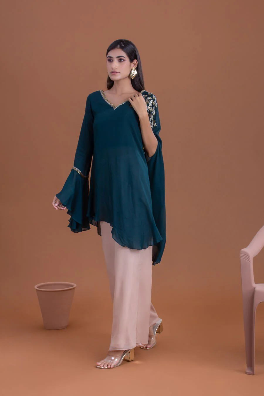 Teal Georgette Embellished Flared Top With Palazzo Set - Image 4