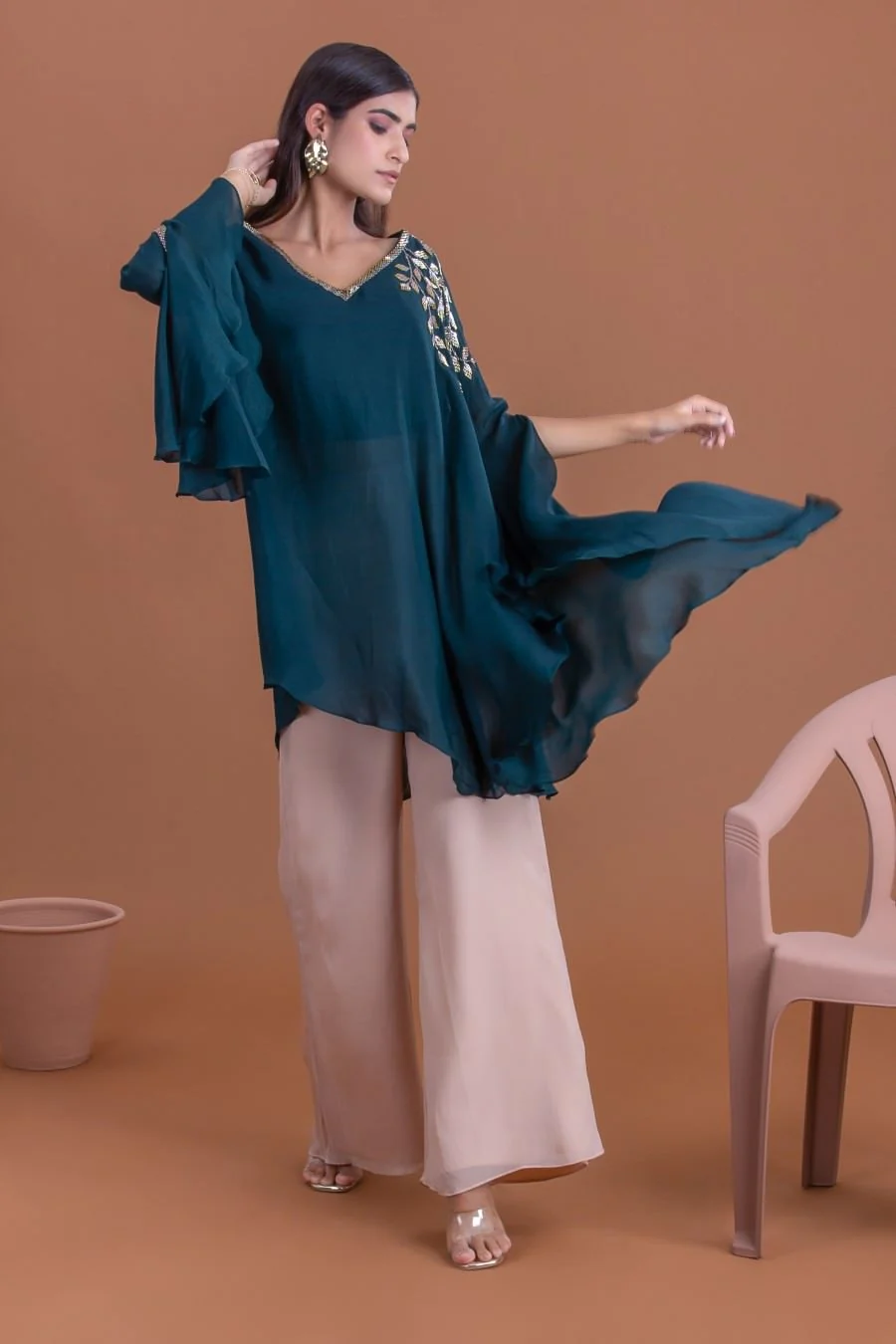 Teal Georgette Embellished Flared Top With Palazzo Set - Image 5