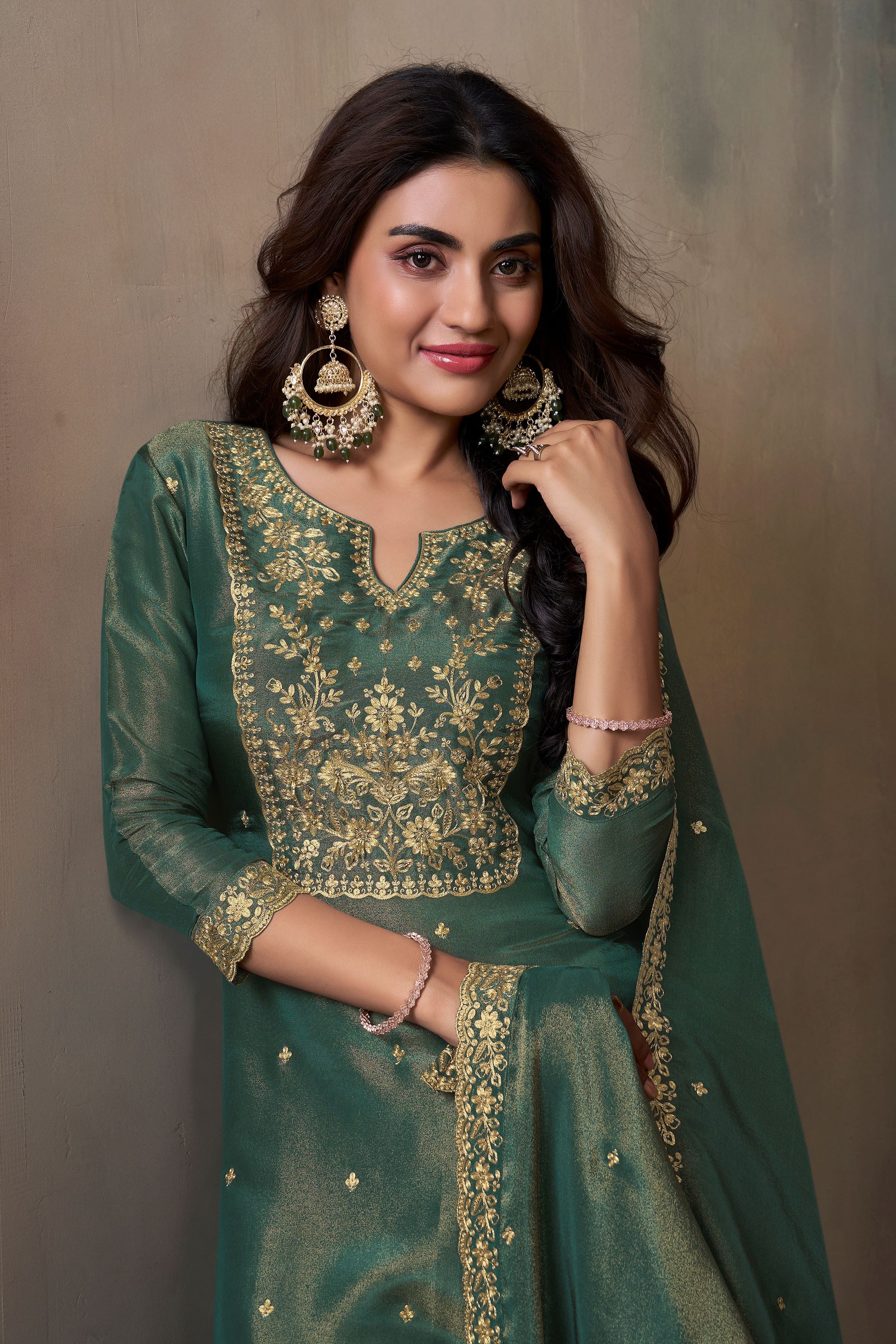 Teal Green Banarasi Tissue Silk Palazzo Set - Image 2