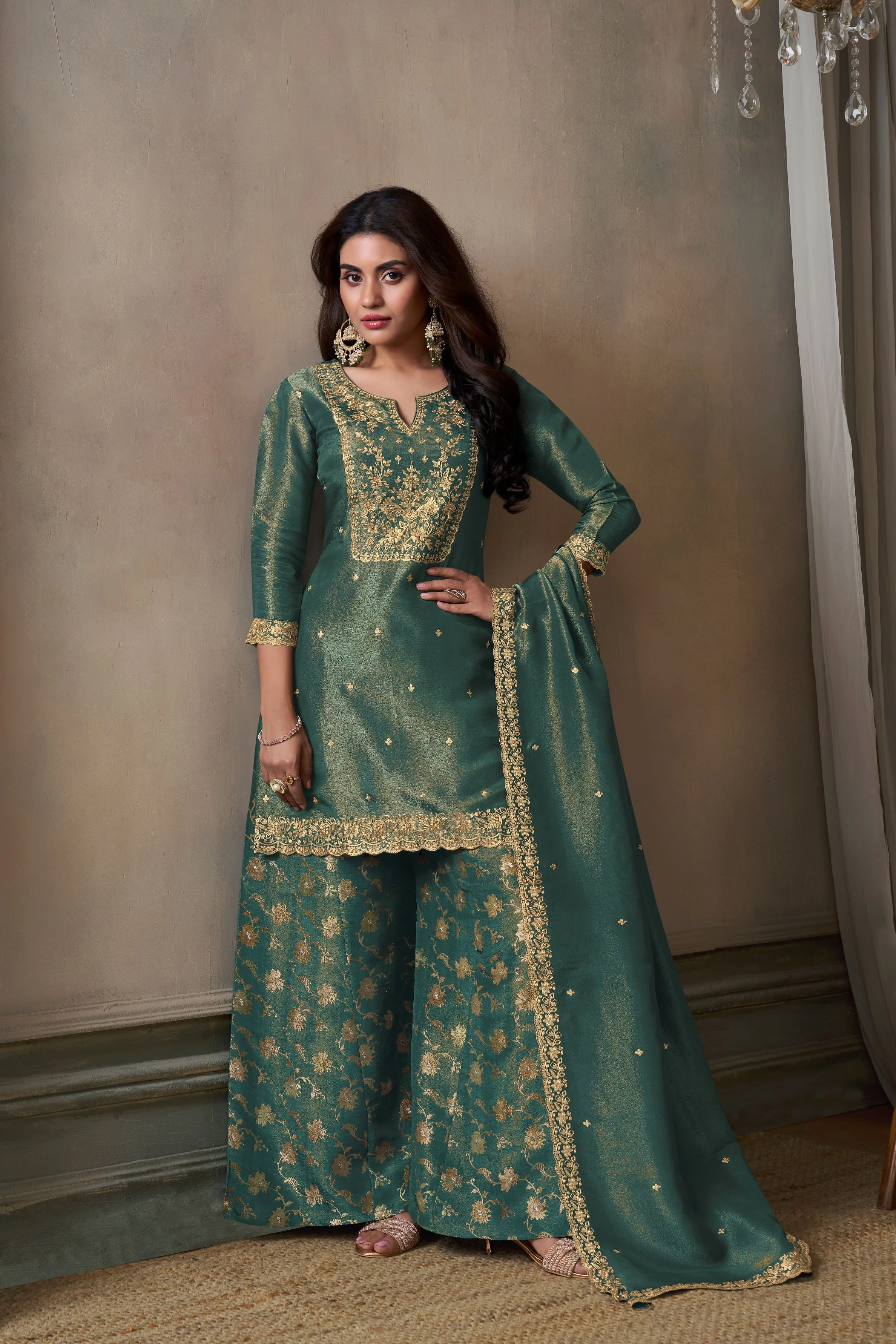 Teal Green Banarasi Tissue Silk Palazzo Set - Image 3