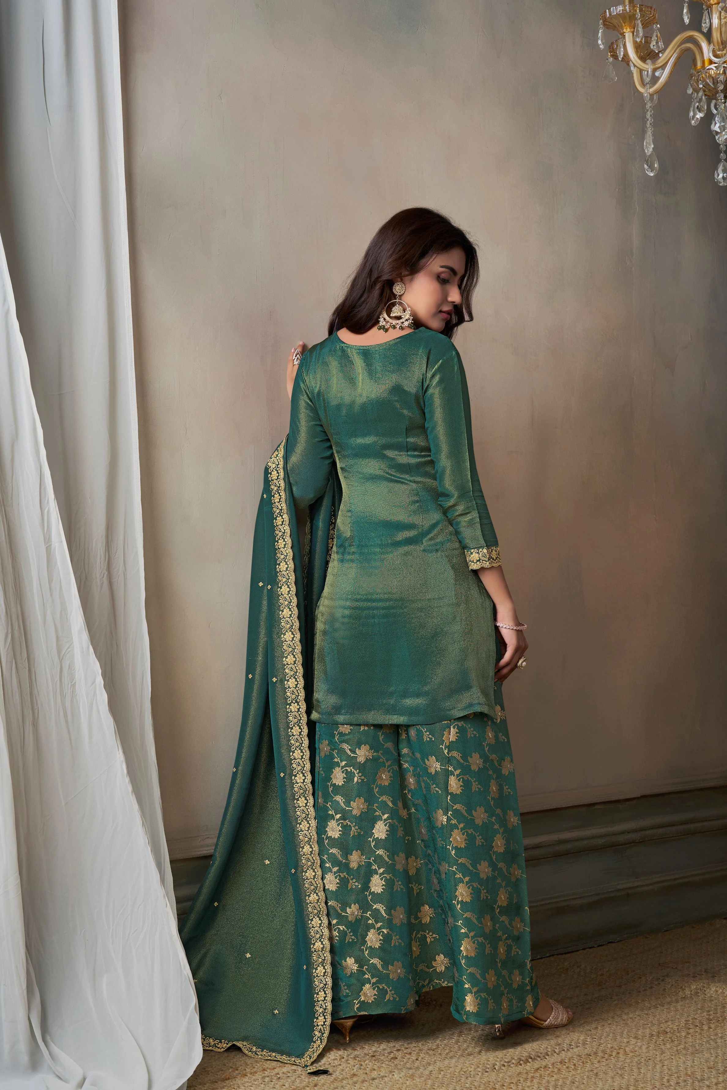 Teal Green Banarasi Tissue Silk Palazzo Set - Image 4