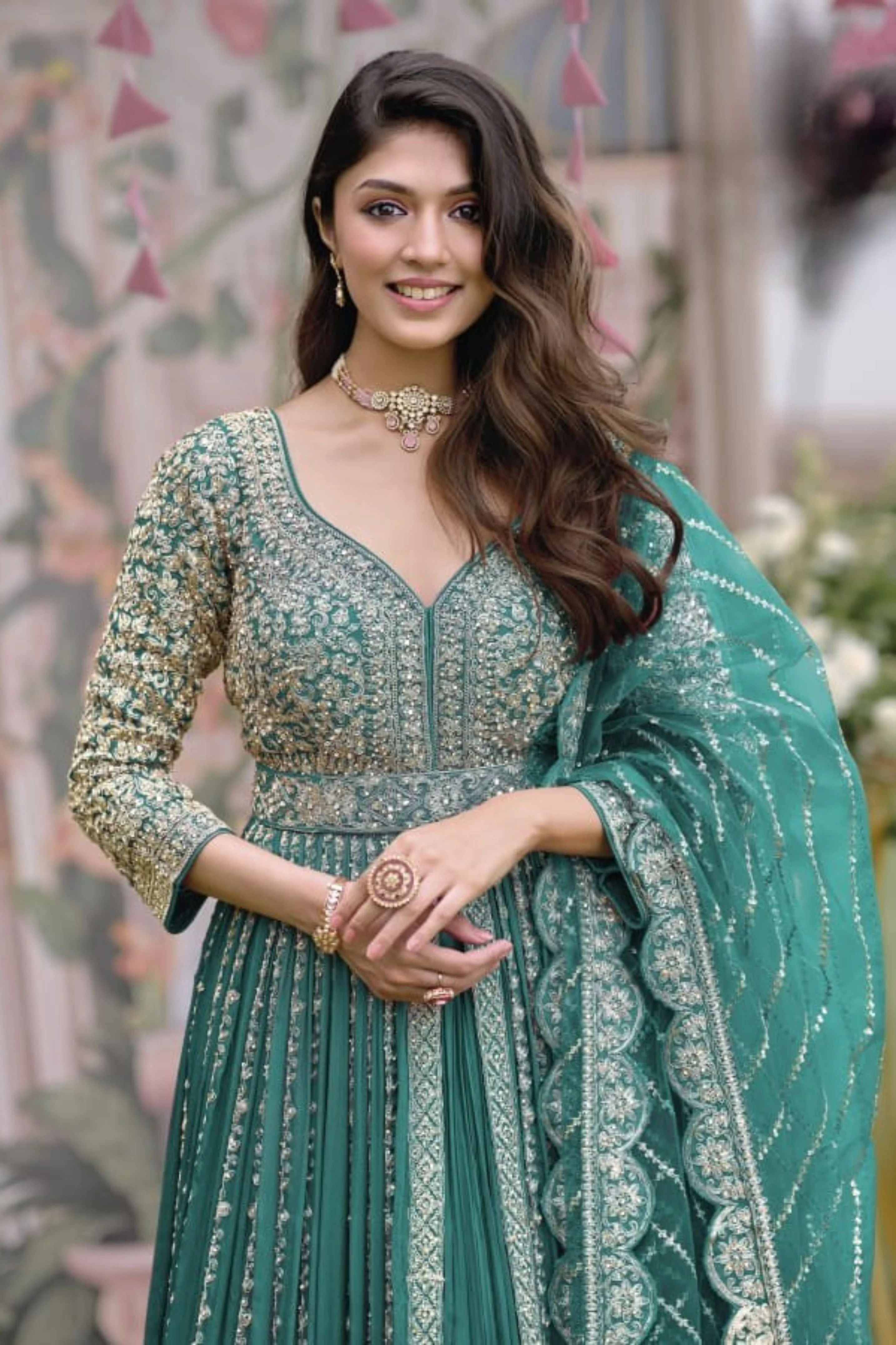 Teal Green Embellished Anarkali Set - Image 2