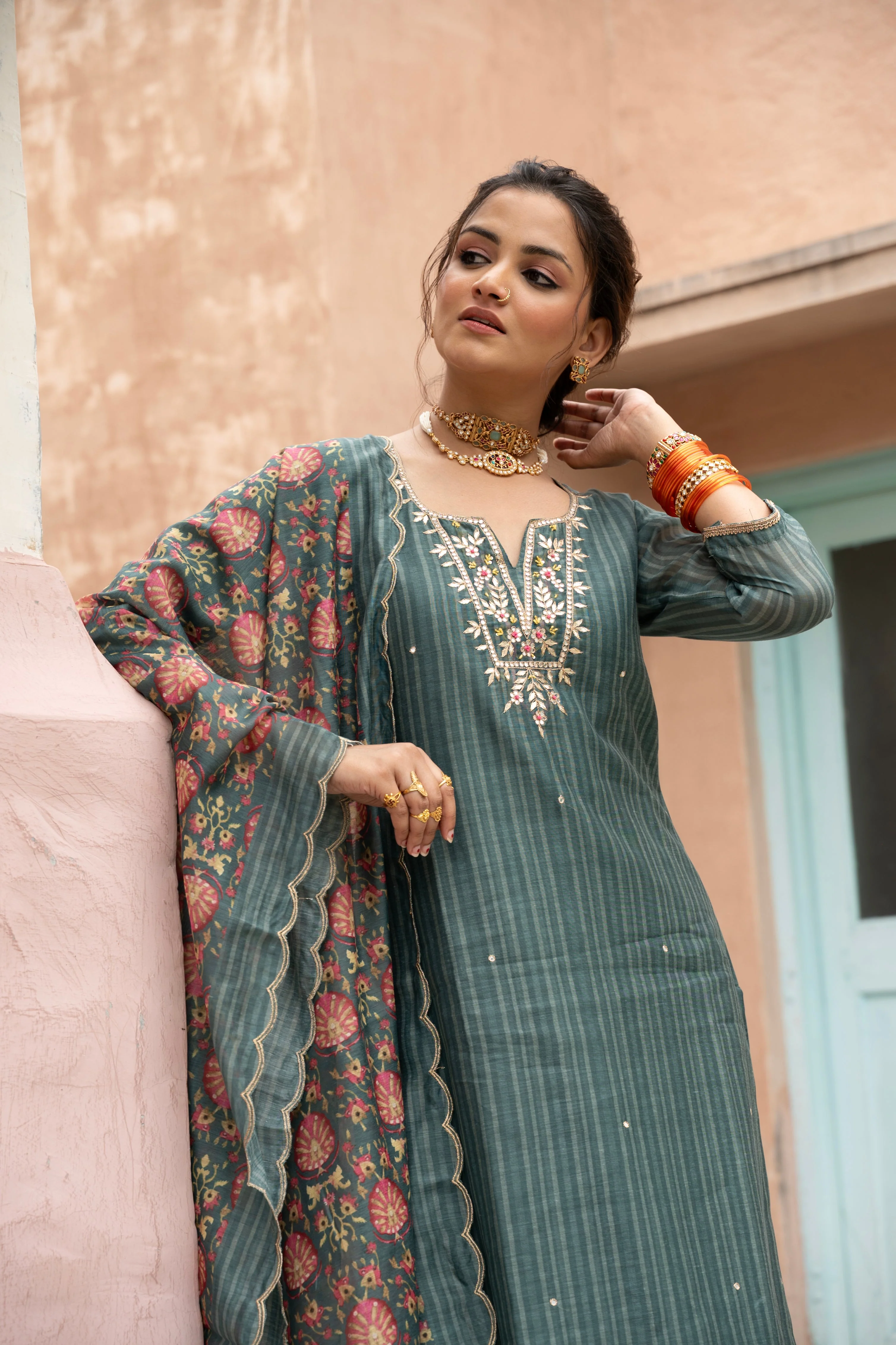 Teal Green Embellished Chanderi Silk Pant Set - Image 2