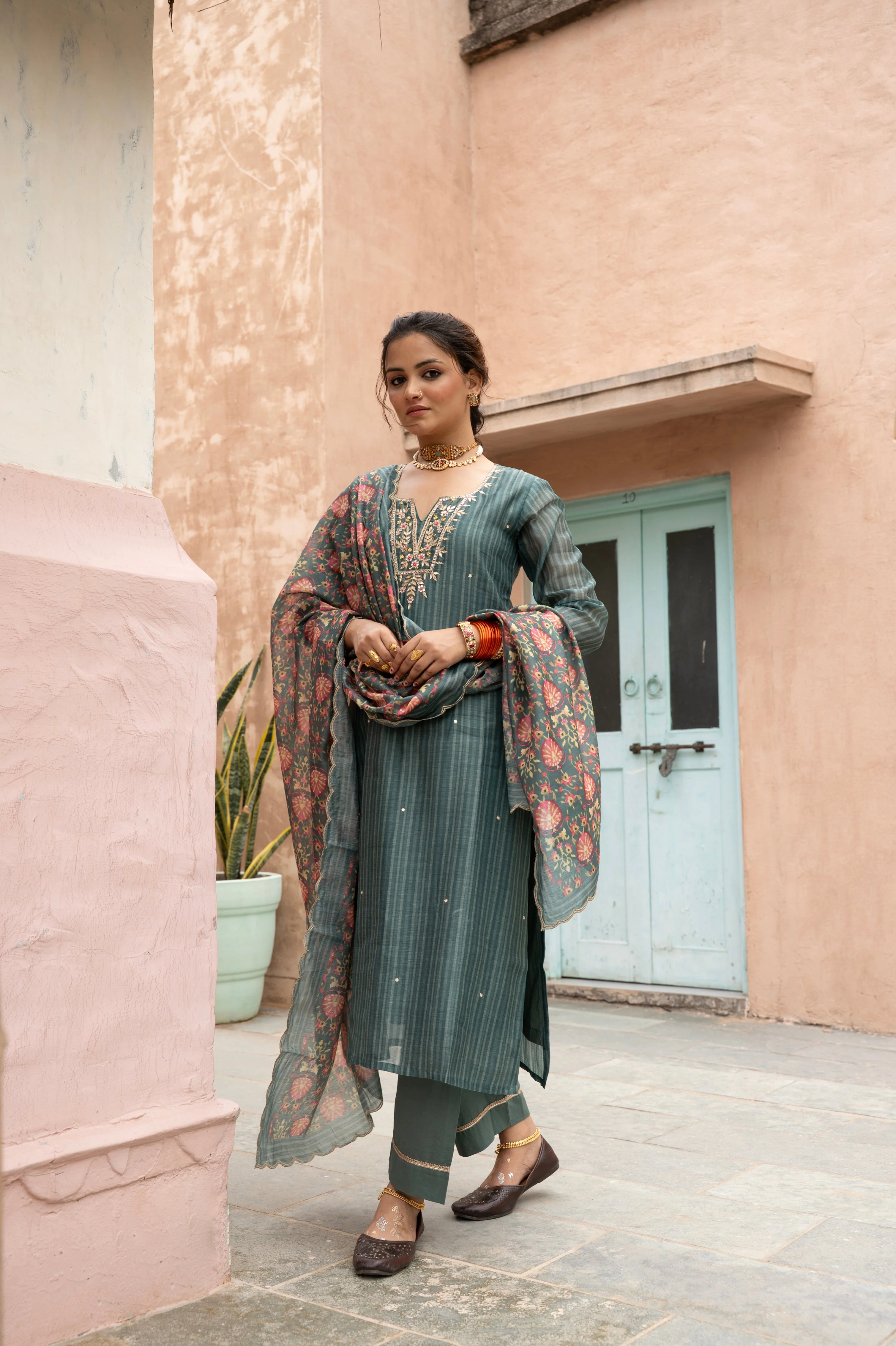 Teal Green Embellished Chanderi Silk Pant Set - Image 3