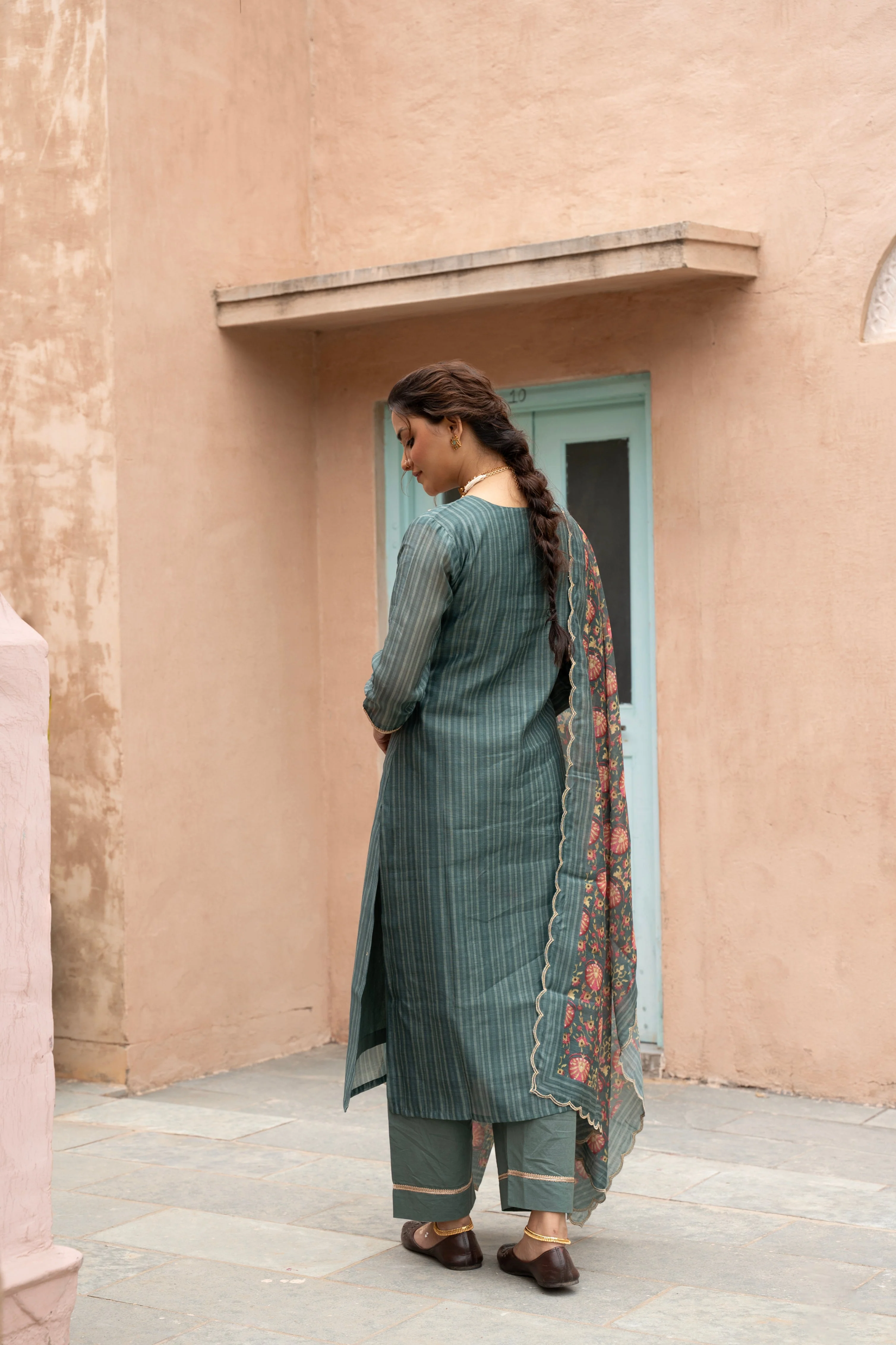 Teal Green Embellished Chanderi Silk Pant Set - Image 4