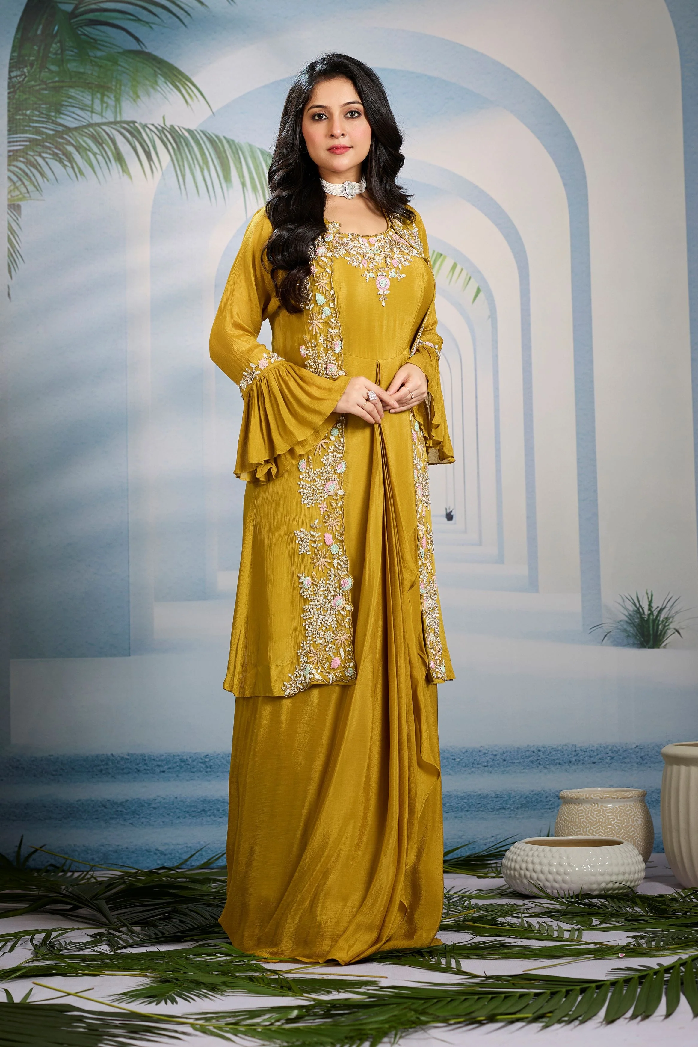 Corn Yellow Embellished Chinon Silk Cape Gown - Image 3