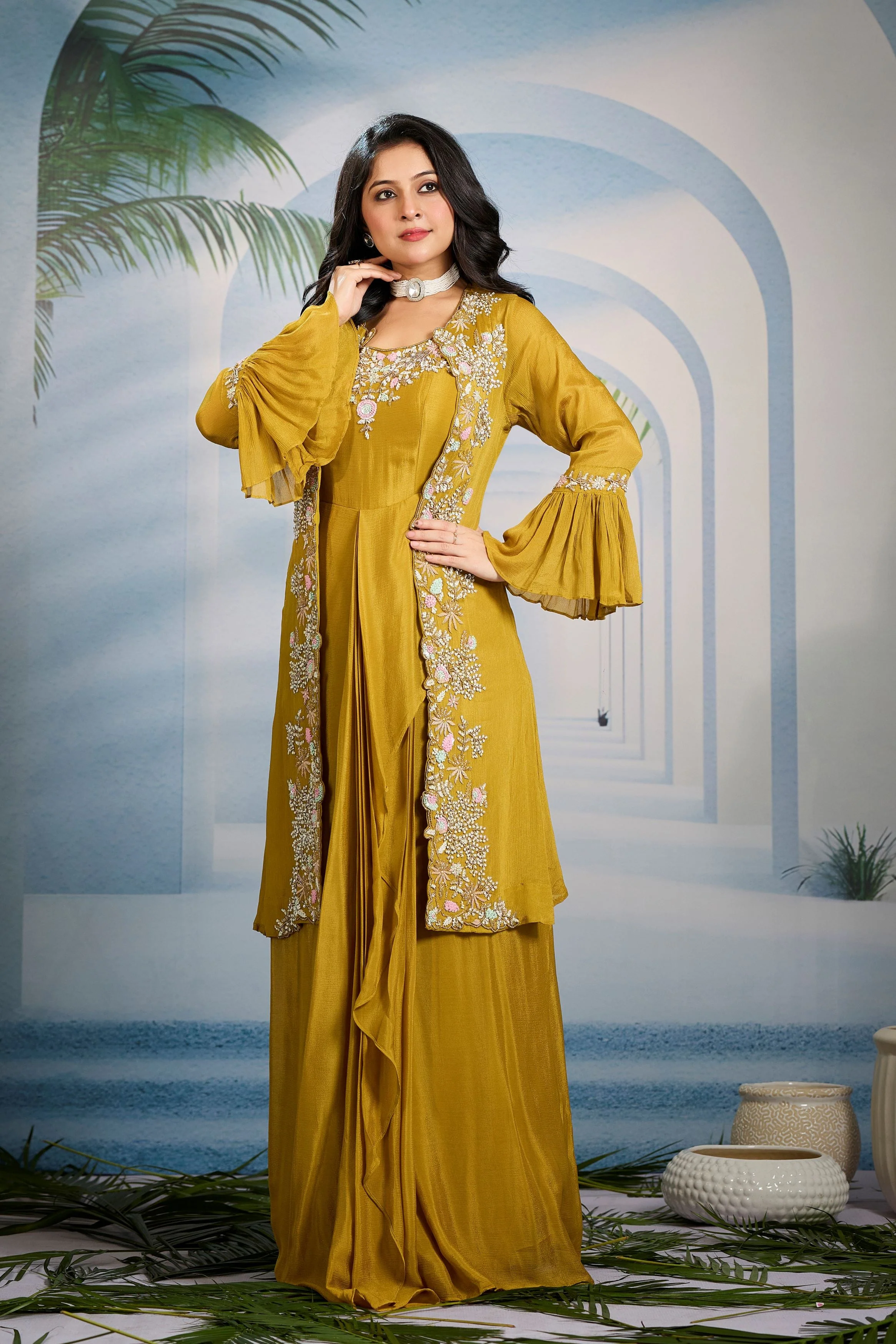 Corn Yellow Embellished Chinon Silk Cape Gown - Image 4