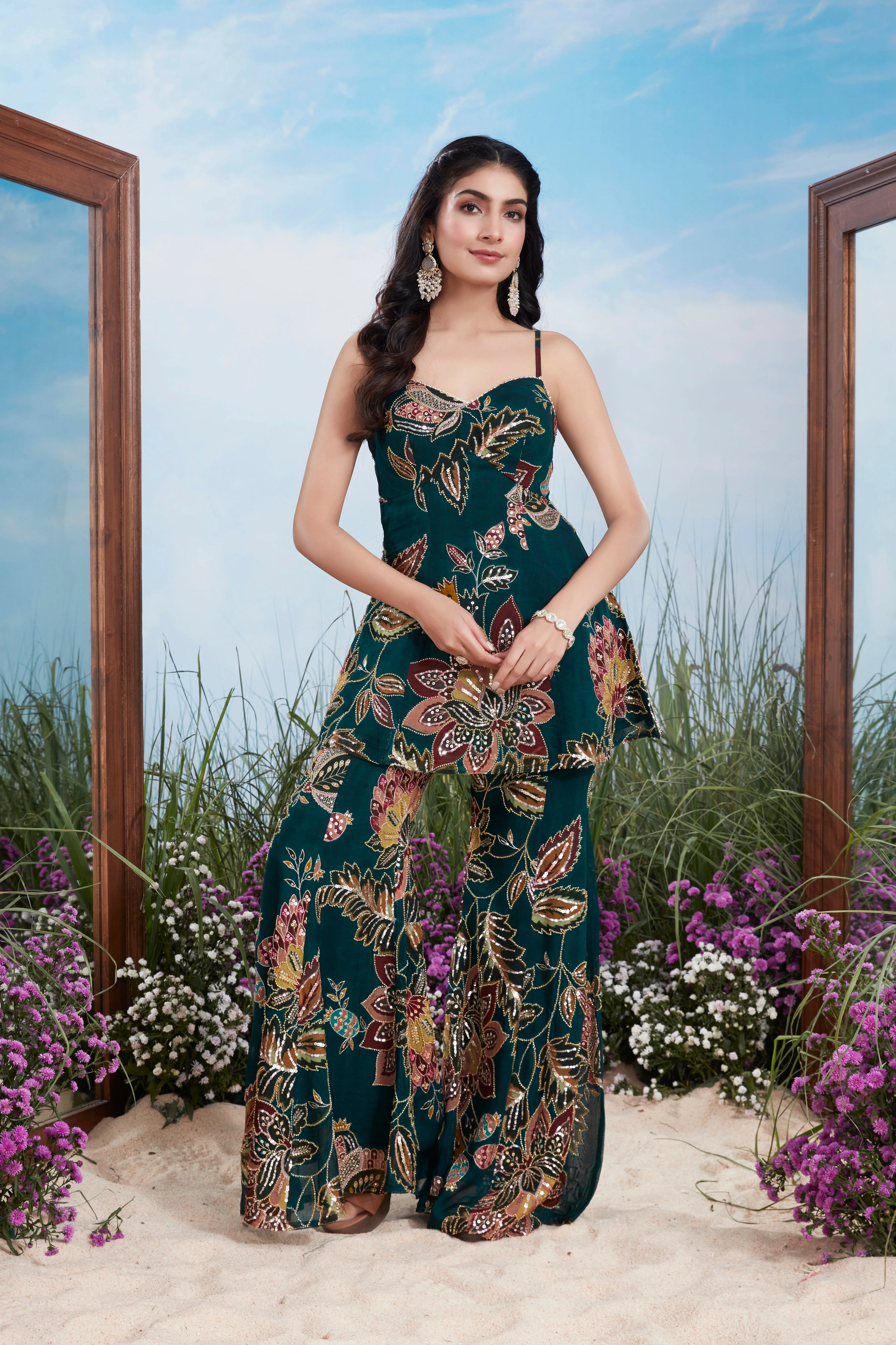 Teal Green Embellished Georgette Silk Palazzo Set