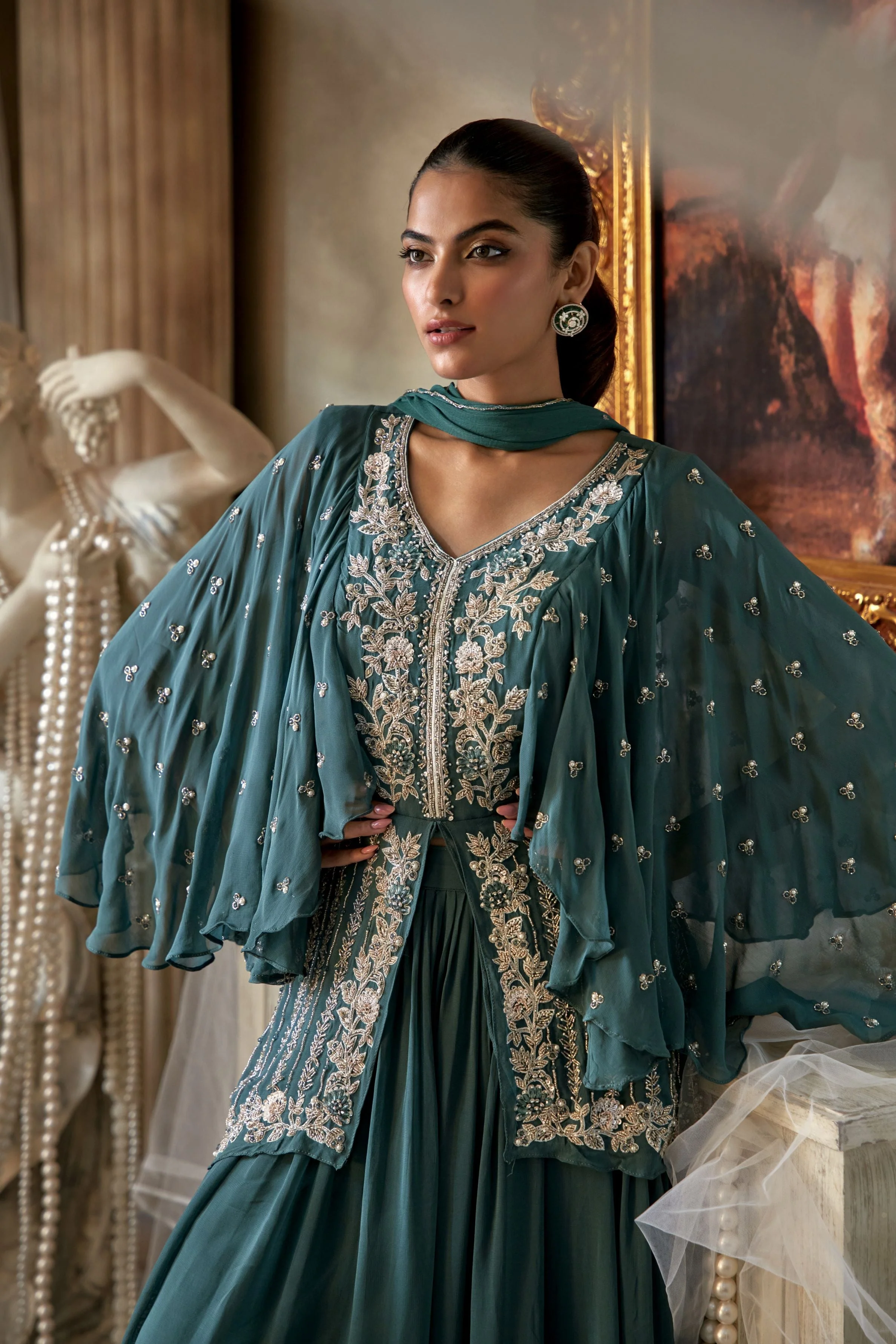 Teal Green Embellished Georgette Silk Skirt Set - Image 3