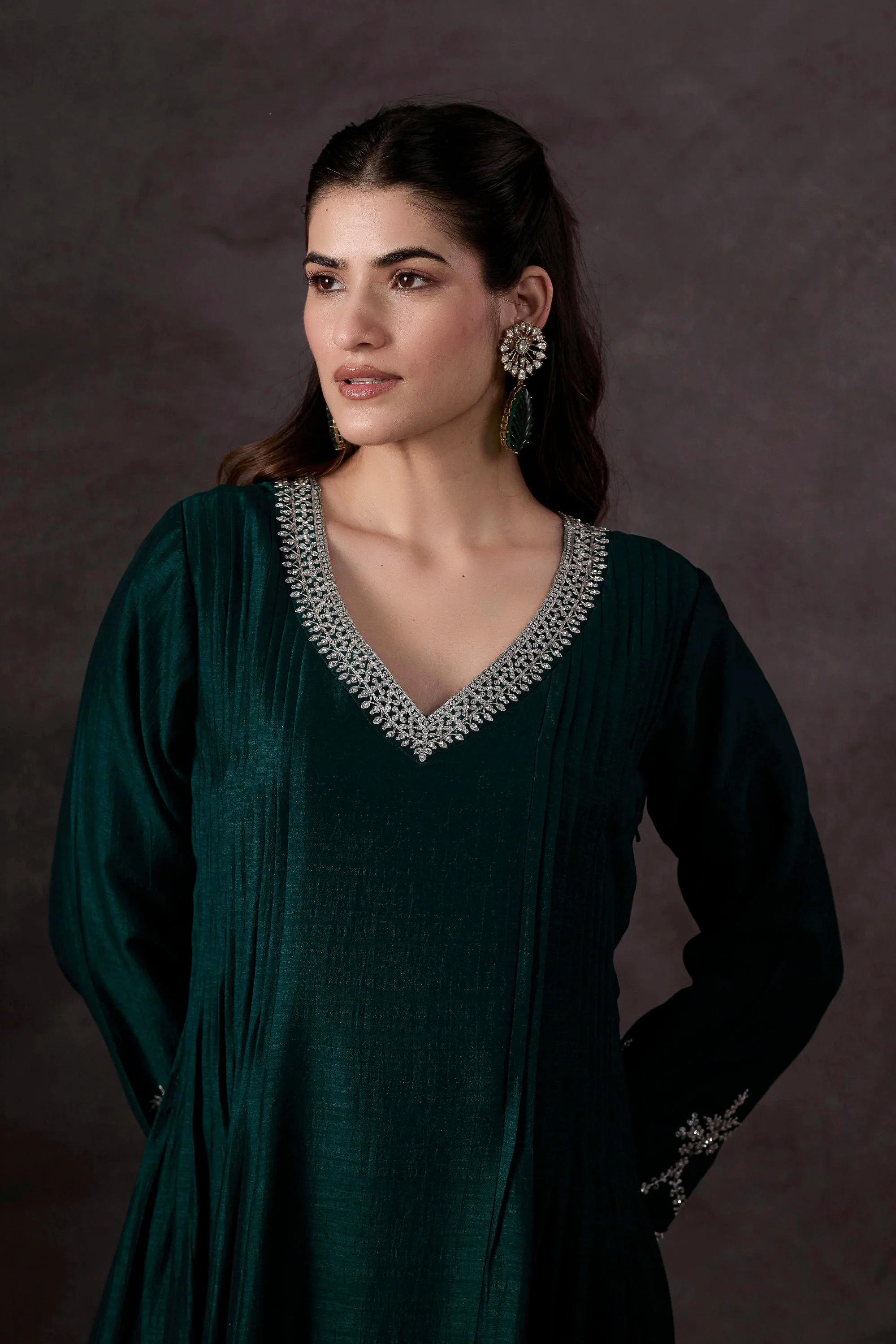 Teal Green Embellished Raw Silk Pant Set - Image 2