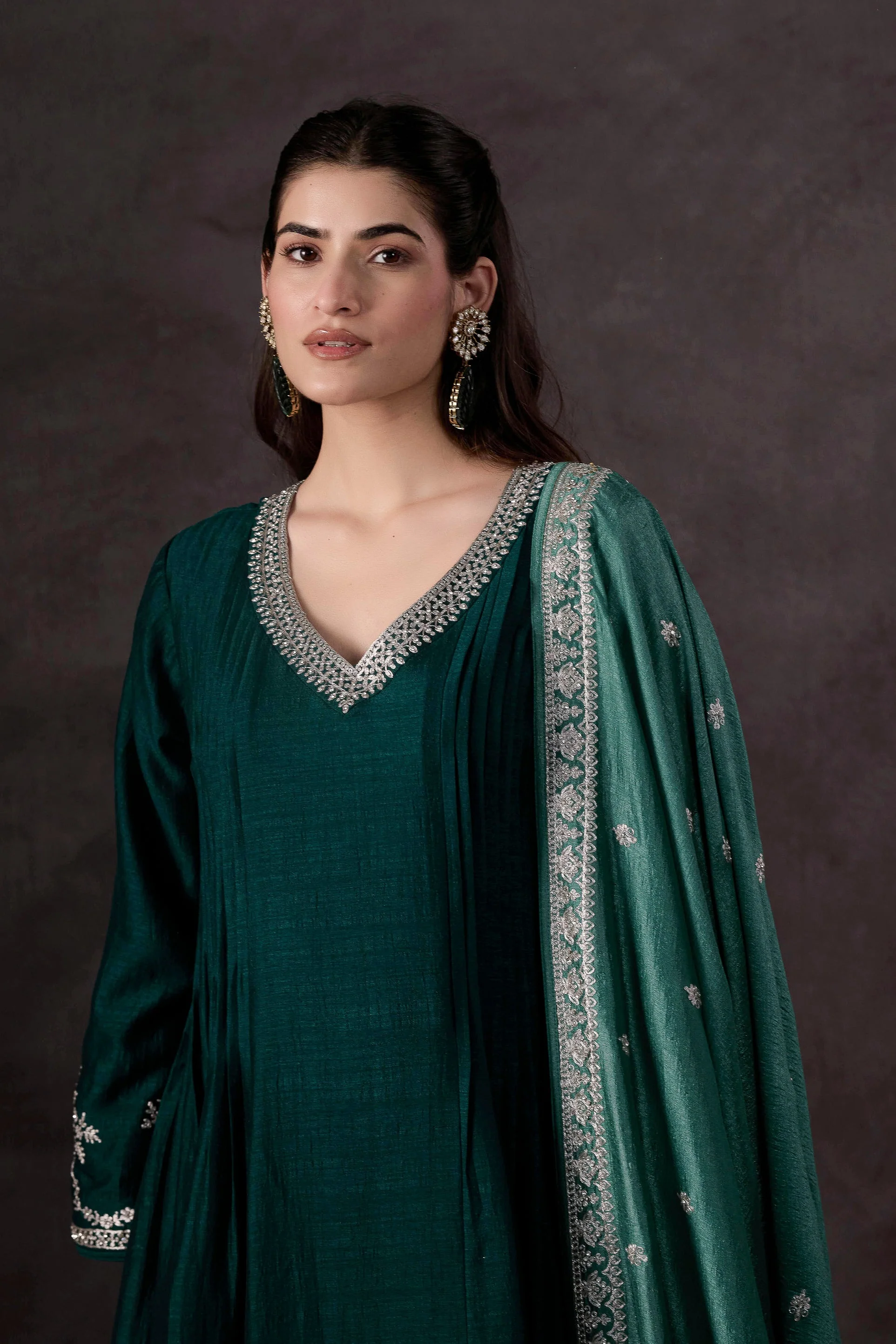 Teal Green Embellished Raw Silk Pant Set - Image 3