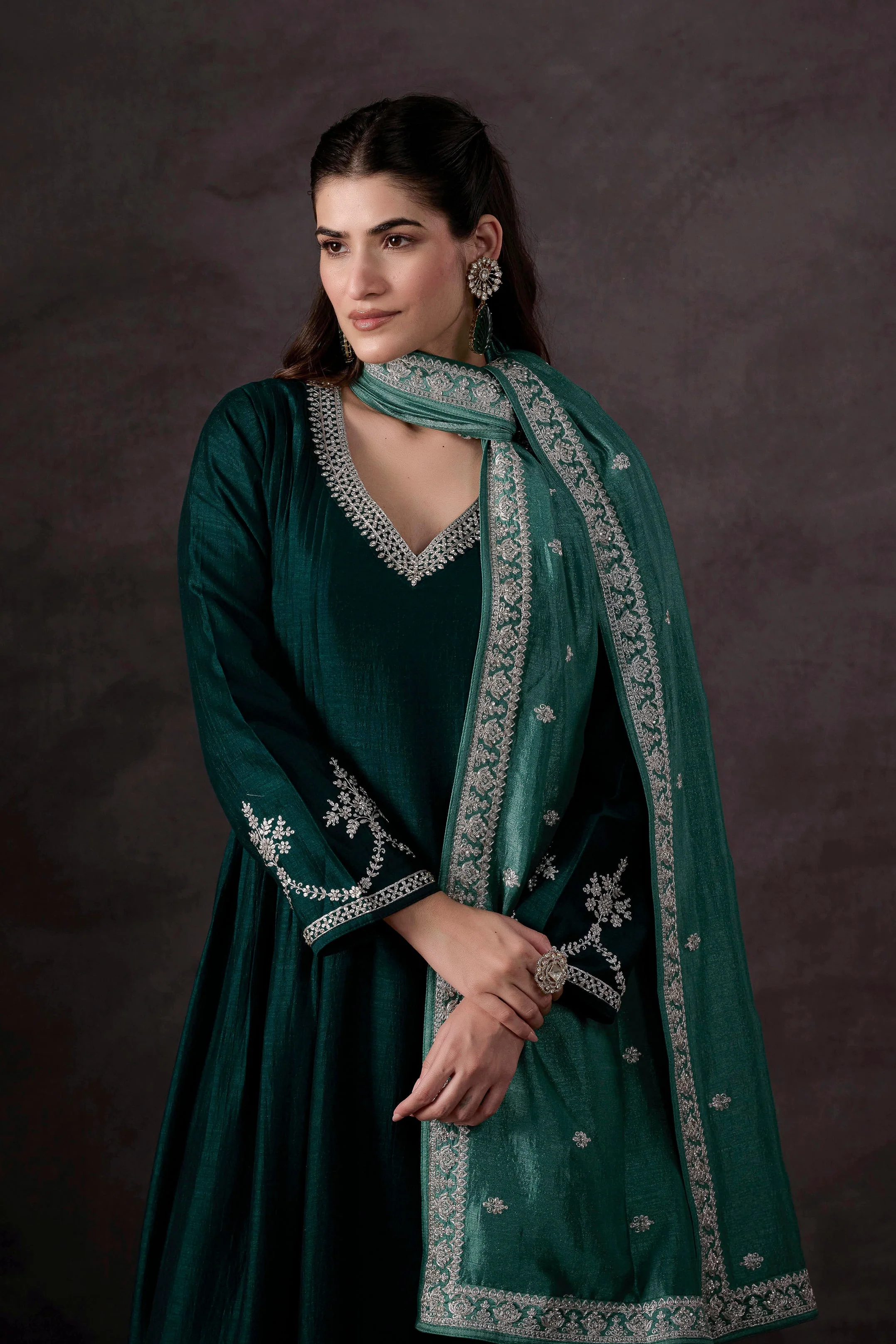 Teal Green Embellished Raw Silk Pant Set - Image 4