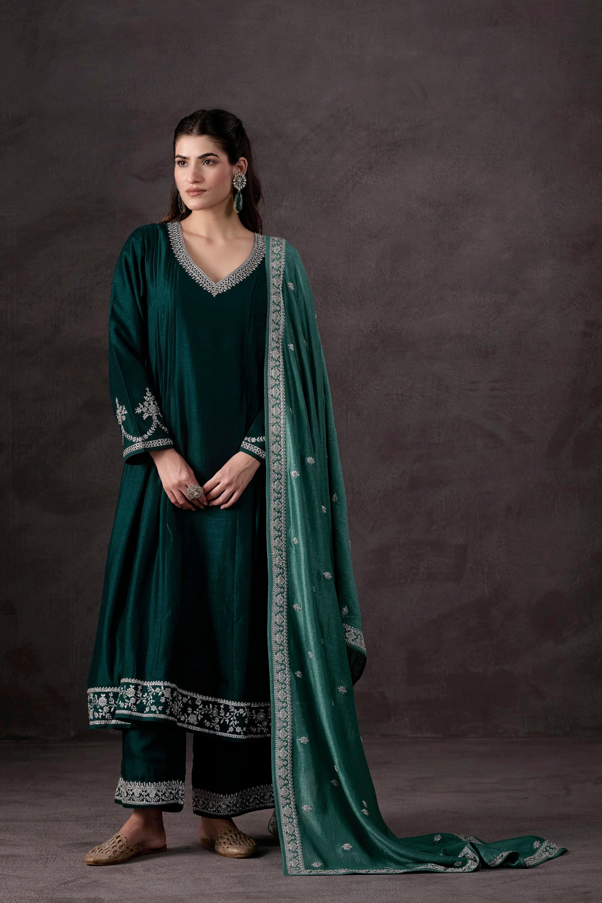 Teal Green Embellished Raw Silk Pant Set - Image 5