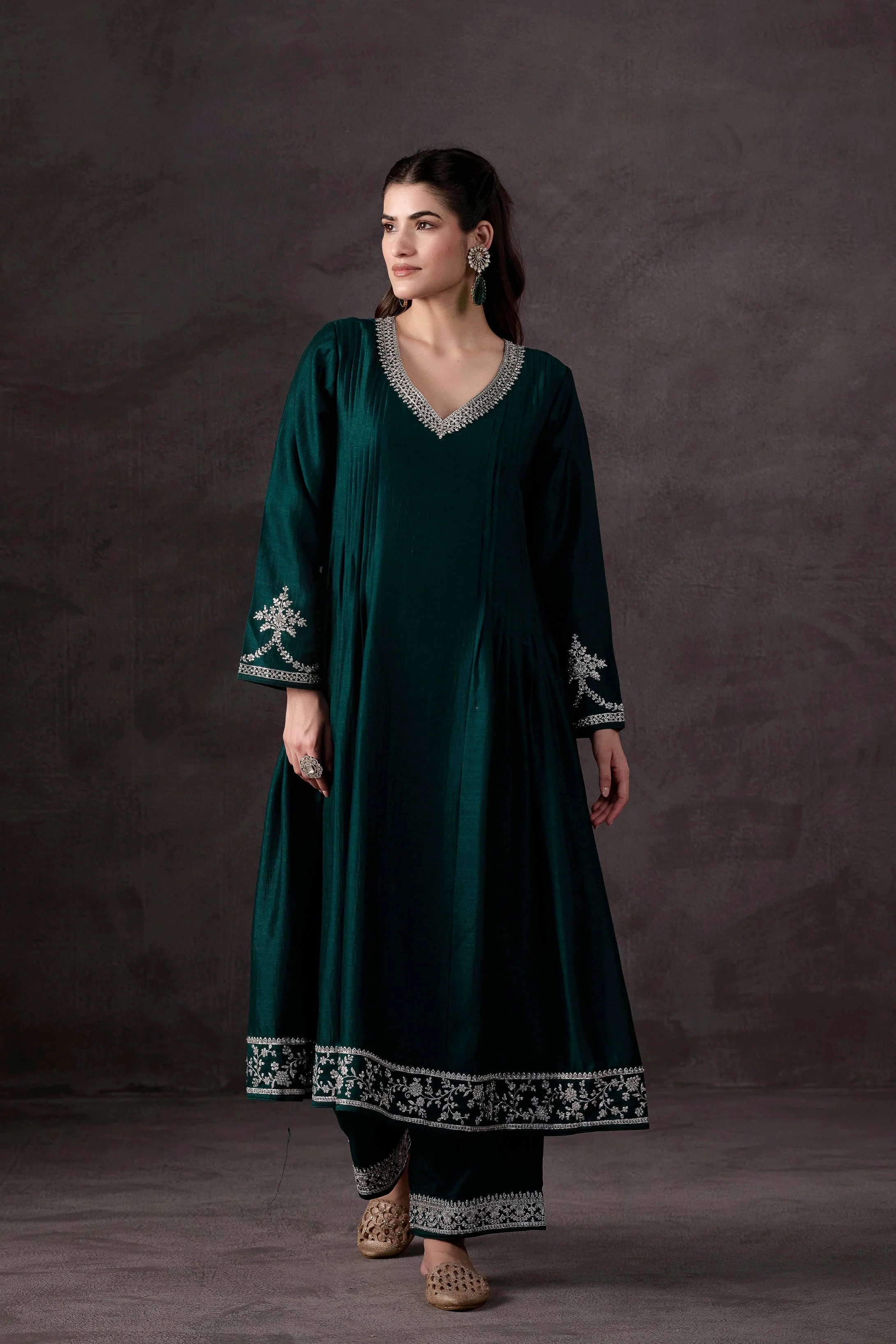 Teal Green Embellished Raw Silk Pant Set - Image 6