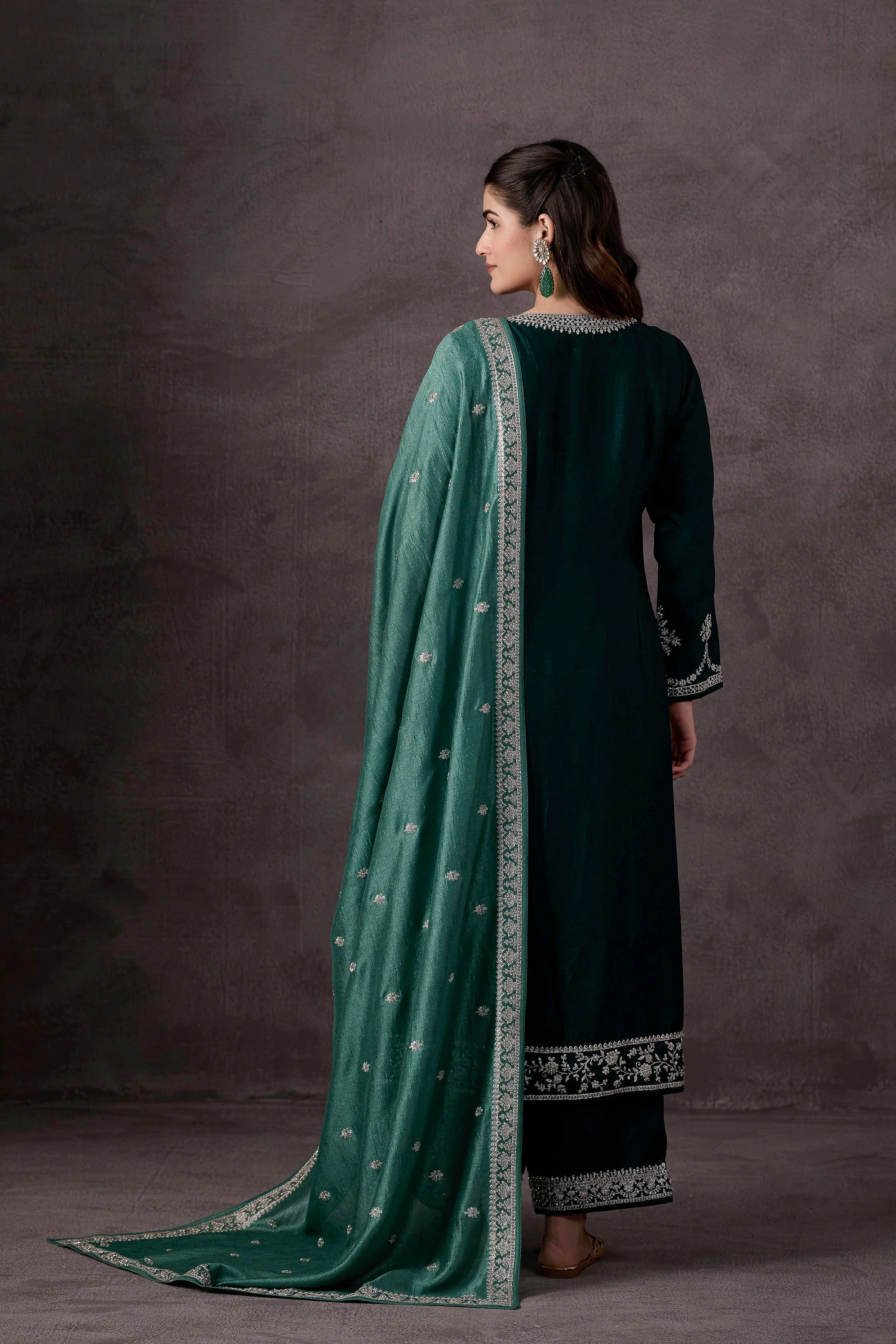 Teal Green Embellished Raw Silk Pant Set - Image 8