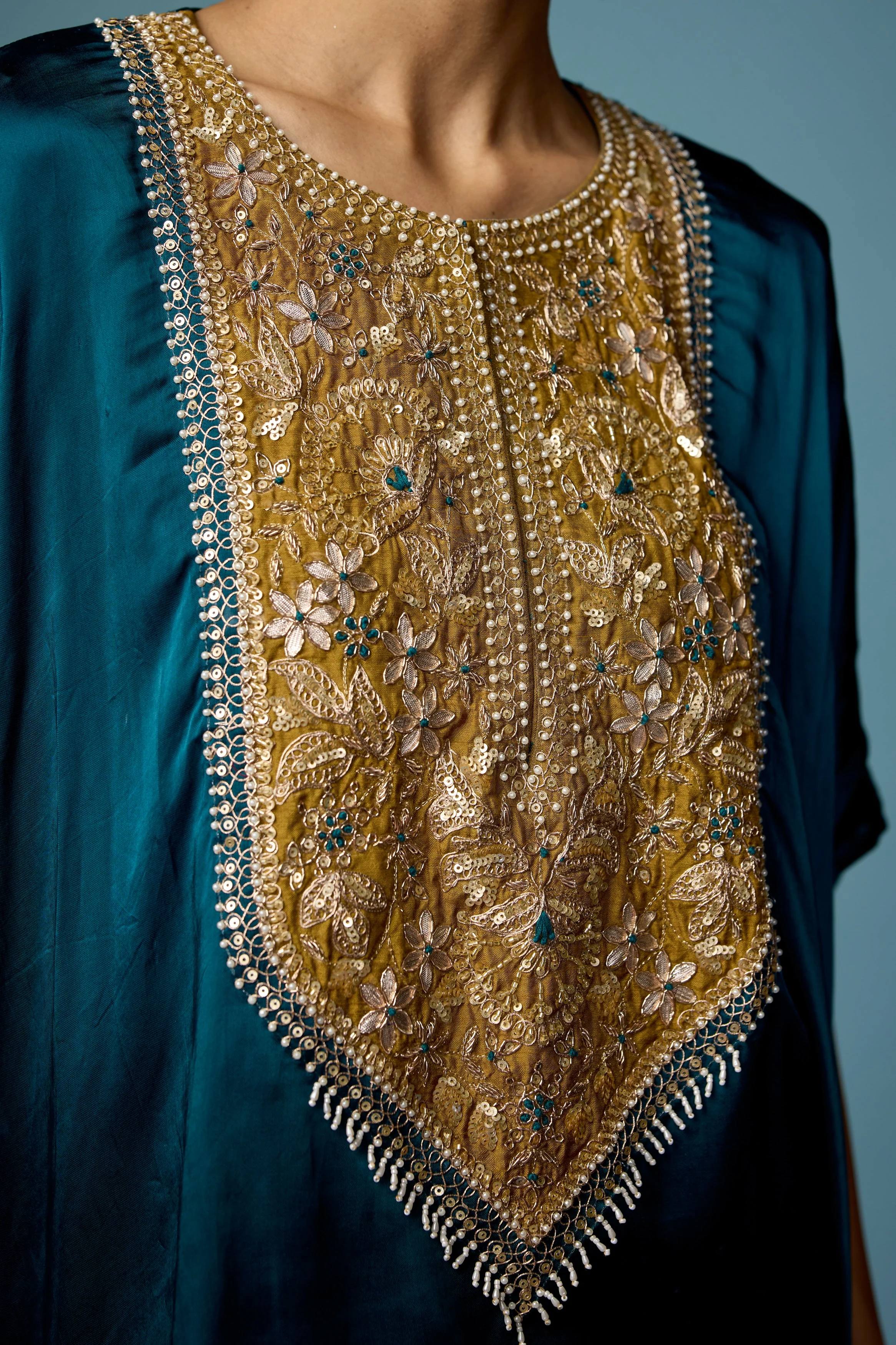 Teal Green Embellished Satin Silk Drape Skirt Set - Image 2