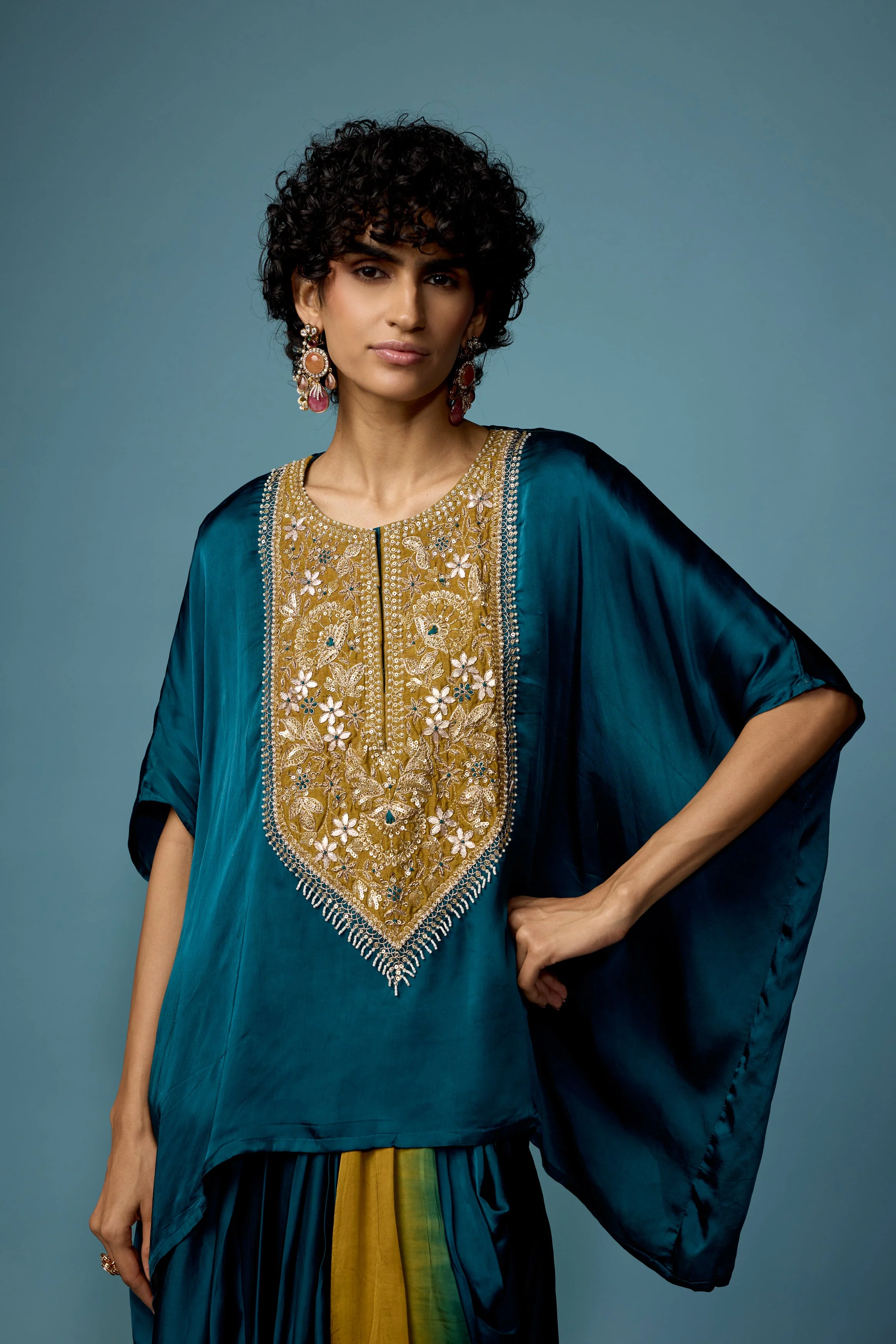 Teal Green Embellished Satin Silk Drape Skirt Set - Image 3